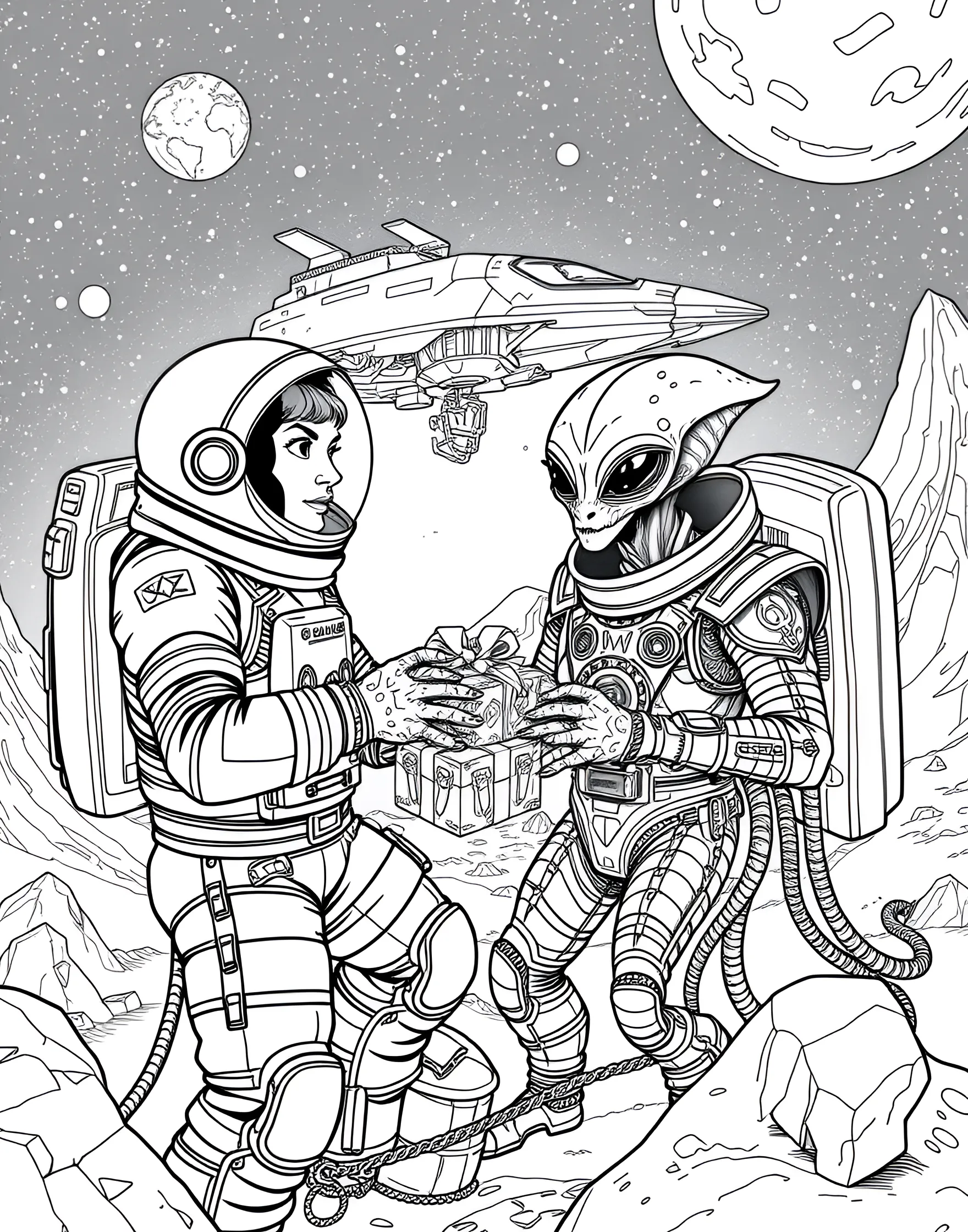 First Contact Celebration Coloring Page -- prompt: "Humans and aliens meeting for the first time, exchanging greetings and gifts against a backdrop of mixed technology." -- Commemorate a historic moment with this first contact celebration coloring page. The scene depicts the meeting between humans and an alien species, with representatives from both sides exchanging greetings and gifts. The background shows a mix of human and alien technology, symbolizing the potential for cooperation and shared knowledge.