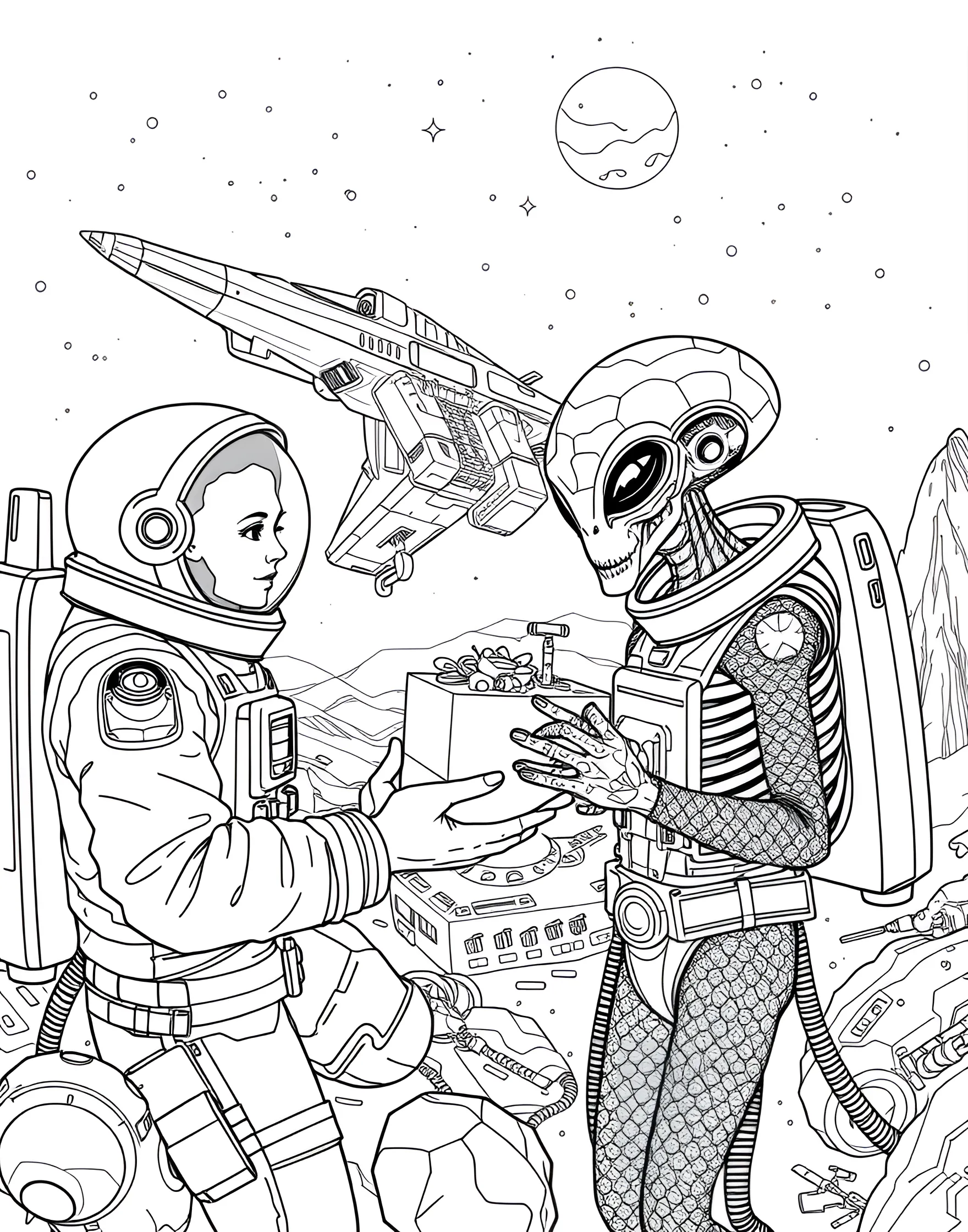 First Contact Celebration Coloring Page -- prompt: "Humans and aliens meeting for the first time, exchanging greetings and gifts against a backdrop of mixed technology." -- Commemorate a historic moment with this first contact celebration coloring page. The scene depicts the meeting between humans and an alien species, with representatives from both sides exchanging greetings and gifts. The background shows a mix of human and alien technology, symbolizing the potential for cooperation and shared knowledge.