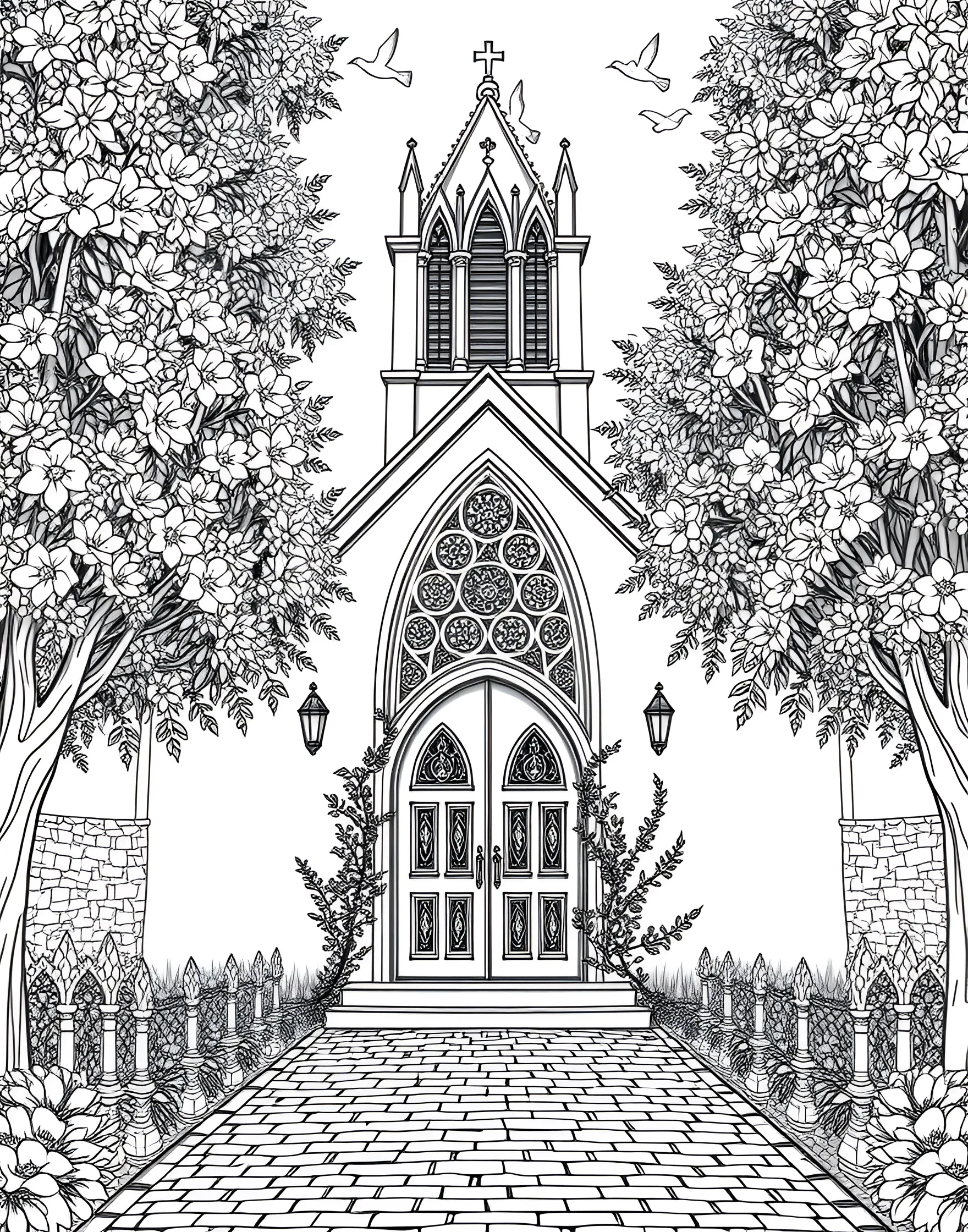 Wedding Chapel Scene Coloring Page -- prompt: "A small, picturesque wedding chapel with a bell tower, surrounded by trees and flowers." -- This picturesque coloring page depicts a charming chapel ready for a wedding ceremony. The quaint building is surrounded by trees and flowers, with a path leading to the entrance. A bell tower and stained glass windows add delightful details for coloring enthusiasts to enjoy.