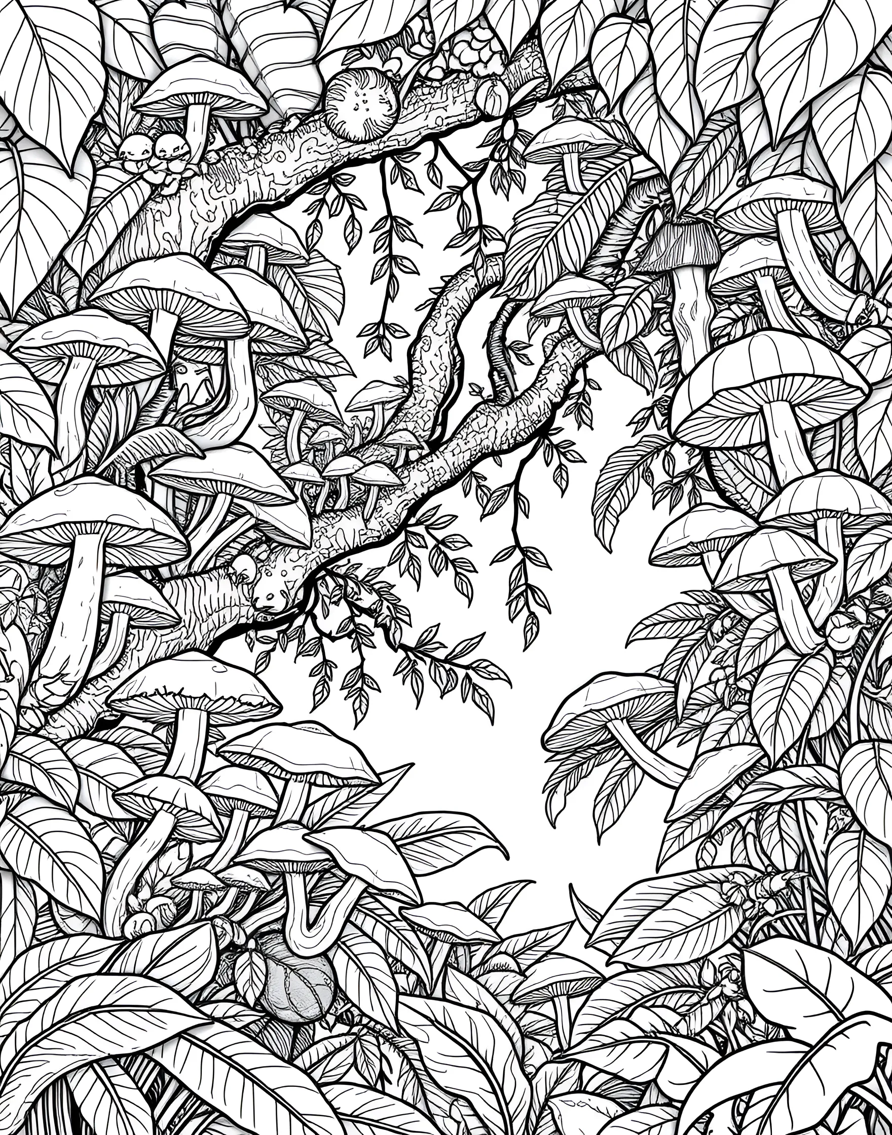 Mushroom Rainforest Canopy Coloring Page -- prompt: "A view of a rainforest canopy with various mushrooms growing on tree branches alongside tropical plants." -- Discover the diversity of rainforest fungi with this lush canopy scene. Colorful mushrooms of all shapes and sizes grow on tree branches high above the forest floor, alongside exotic flowers and leaves. This page offers a unique perspective on mushroom habitats and is ideal for nature lovers.