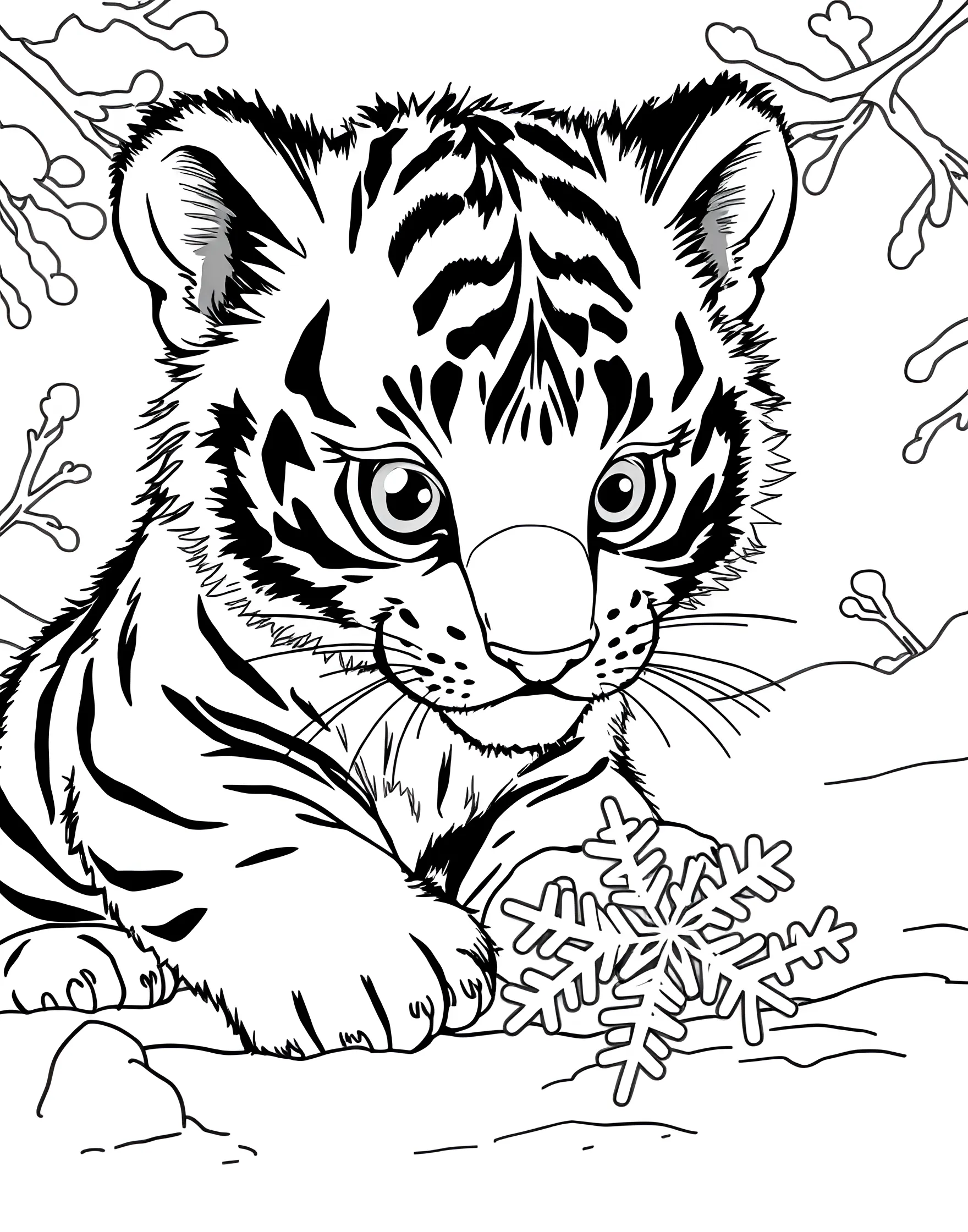 Tiger Cub's First Snow Coloring Page -- prompt: "A tiger cub experiencing snow for the first time, pawing at snowflakes." -- Experience the wonder of a tiger cub's first encounter with snow in this charming coloring page. The curious cub is shown pawing at snowflakes and looking up at the falling snow with wide-eyed amazement. This adorable scene captures the joy of new experiences.