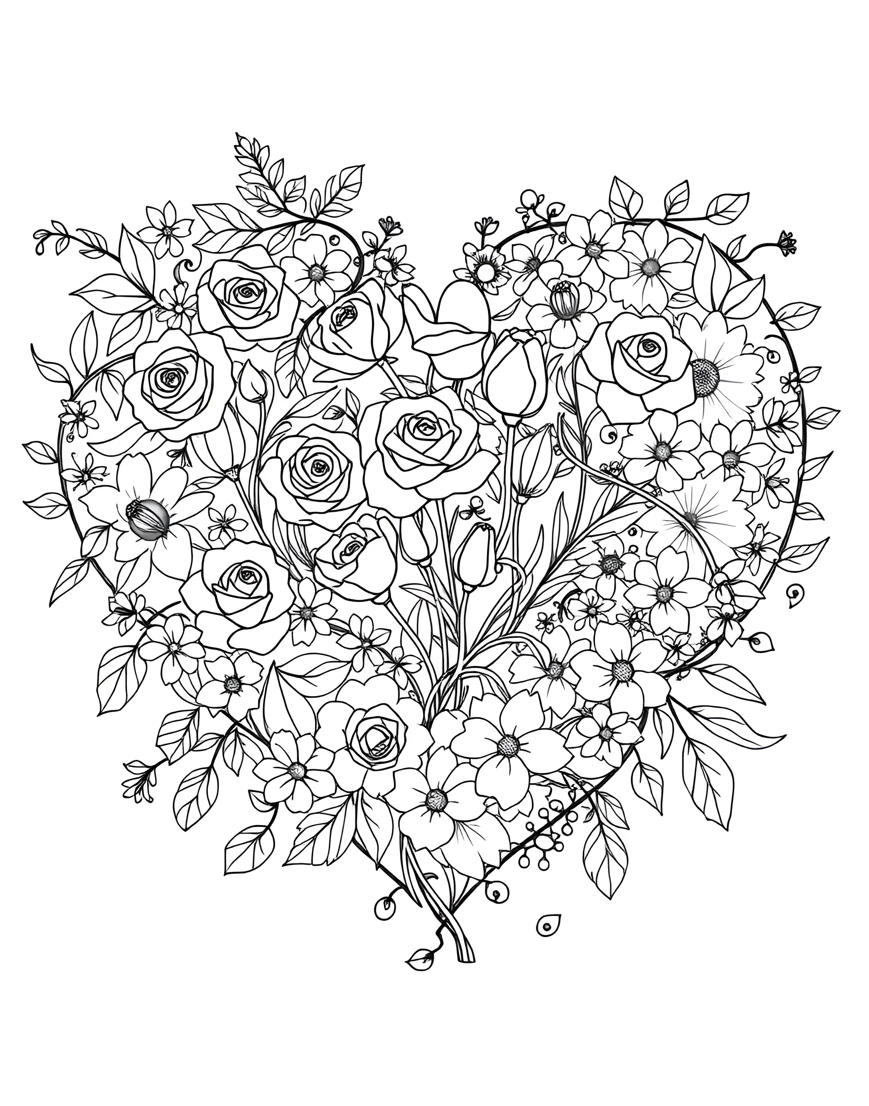 Blooming Heart Garden Coloring Page -- prompt: "A large heart shape filled with a detailed garden of various flowers, leaves, and swirling vines." -- This enchanting coloring page features a large heart shape filled with an intricate garden of flowers, leaves, and swirling vines. The detailed design offers a perfect balance of whimsy and elegance, inviting colorists to create a vibrant masterpiece. It's an ideal choice for those who enjoy intricate patterns and botanical themes, making it a relaxing and rewarding coloring experience.