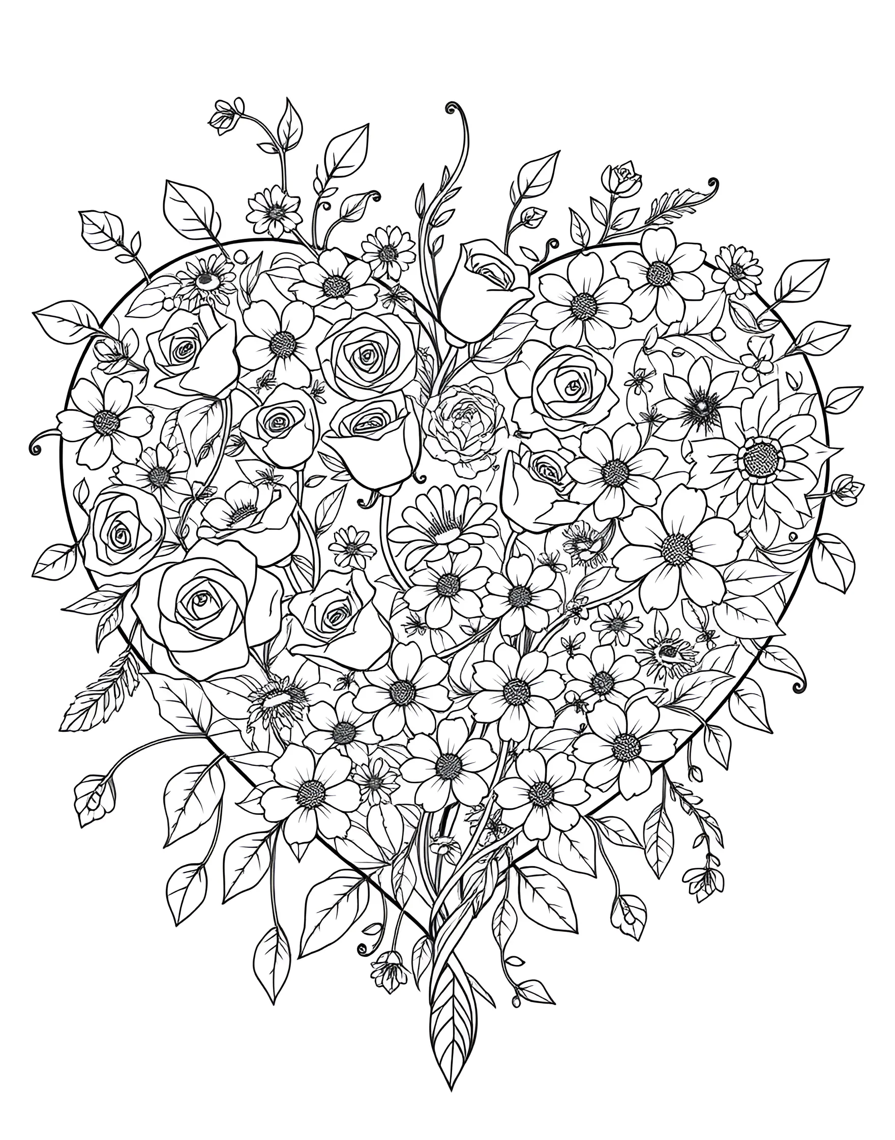 Blooming Heart Garden Coloring Page -- prompt: "A large heart shape filled with a detailed garden of various flowers, leaves, and swirling vines." -- This enchanting coloring page features a large heart shape filled with an intricate garden of flowers, leaves, and swirling vines. The detailed design offers a perfect balance of whimsy and elegance, inviting colorists to create a vibrant masterpiece. It's an ideal choice for those who enjoy intricate patterns and botanical themes, making it a relaxing and rewarding coloring experience.