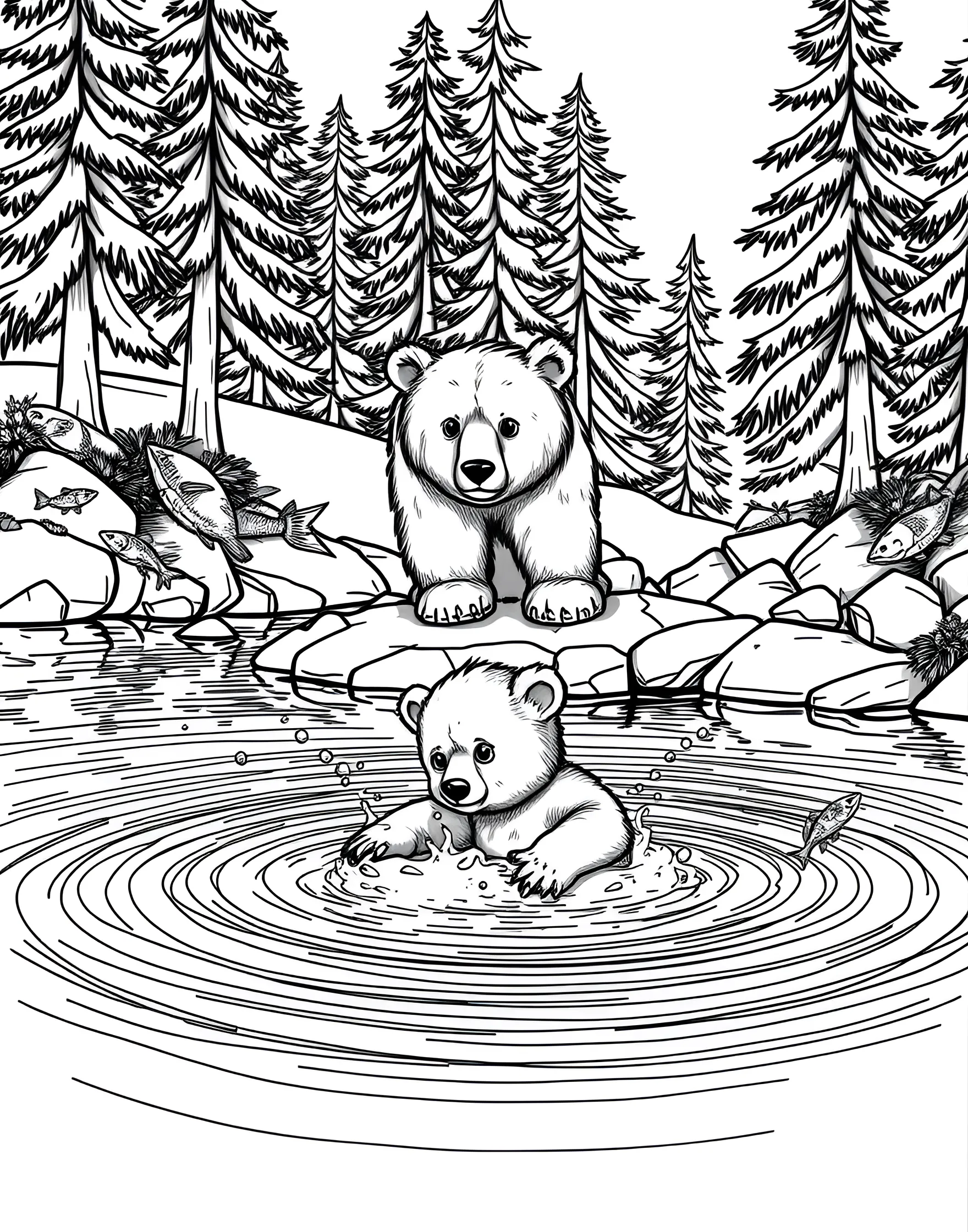 Bear Cub Learning to Swim Coloring Page -- prompt: "A bear cub swimming in a lake with its parent watching from the shore." -- Dive into cuteness with this adorable coloring page featuring a bear cub learning to swim. The young bear is shown paddling in a calm lake, with its watchful parent nearby. This endearing scene captures the learning process in the animal kingdom and the protective nature of bear parents.