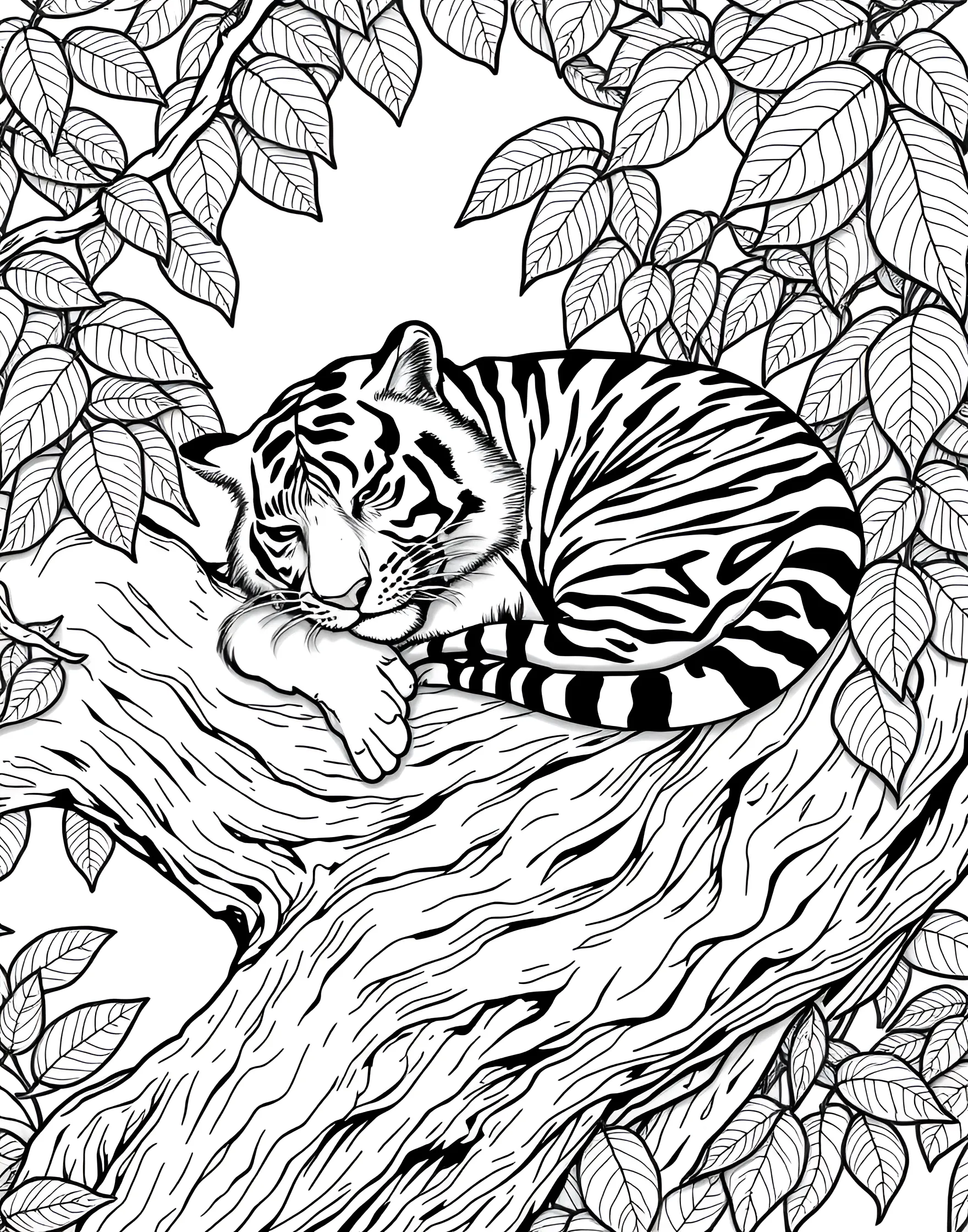 Sleepy Tiger in a Tree Coloring Page -- prompt: "A tiger sleeping on a large tree branch, surrounded by leaves." -- This relaxing coloring page features a tiger taking a peaceful nap high up in a tree. The tiger is draped over a large branch, showcasing its flexibility and climbing abilities. The surrounding leaves and branches offer plenty of detail for nature enthusiasts to color.