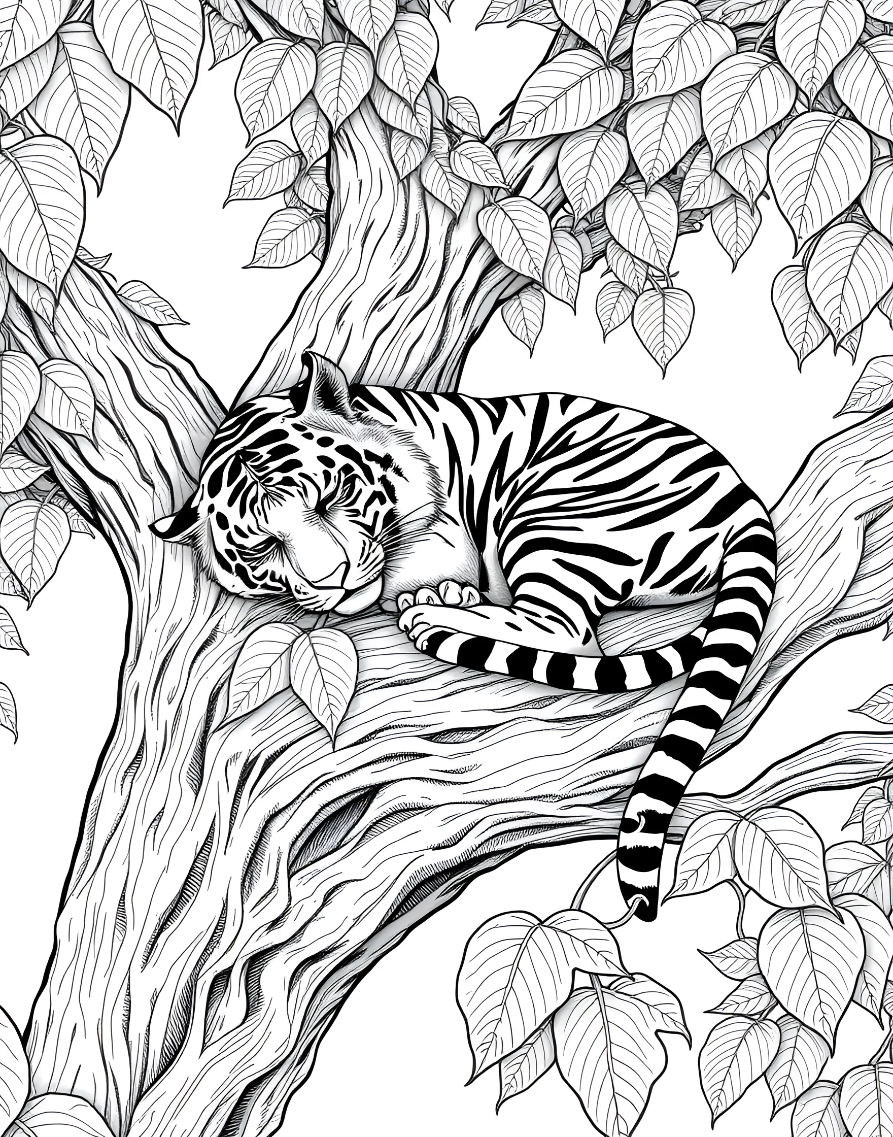 Sleepy Tiger in a Tree Coloring Page -- prompt: "A tiger sleeping on a large tree branch, surrounded by leaves." -- This relaxing coloring page features a tiger taking a peaceful nap high up in a tree. The tiger is draped over a large branch, showcasing its flexibility and climbing abilities. The surrounding leaves and branches offer plenty of detail for nature enthusiasts to color.