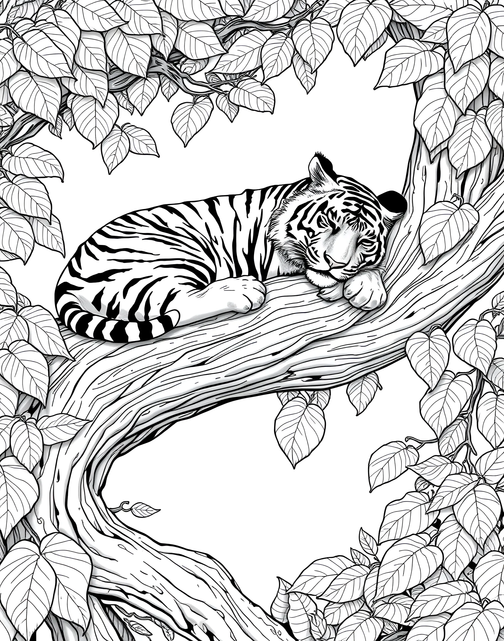 Sleepy Tiger in a Tree Coloring Page -- prompt: "A tiger sleeping on a large tree branch, surrounded by leaves." -- This relaxing coloring page features a tiger taking a peaceful nap high up in a tree. The tiger is draped over a large branch, showcasing its flexibility and climbing abilities. The surrounding leaves and branches offer plenty of detail for nature enthusiasts to color.