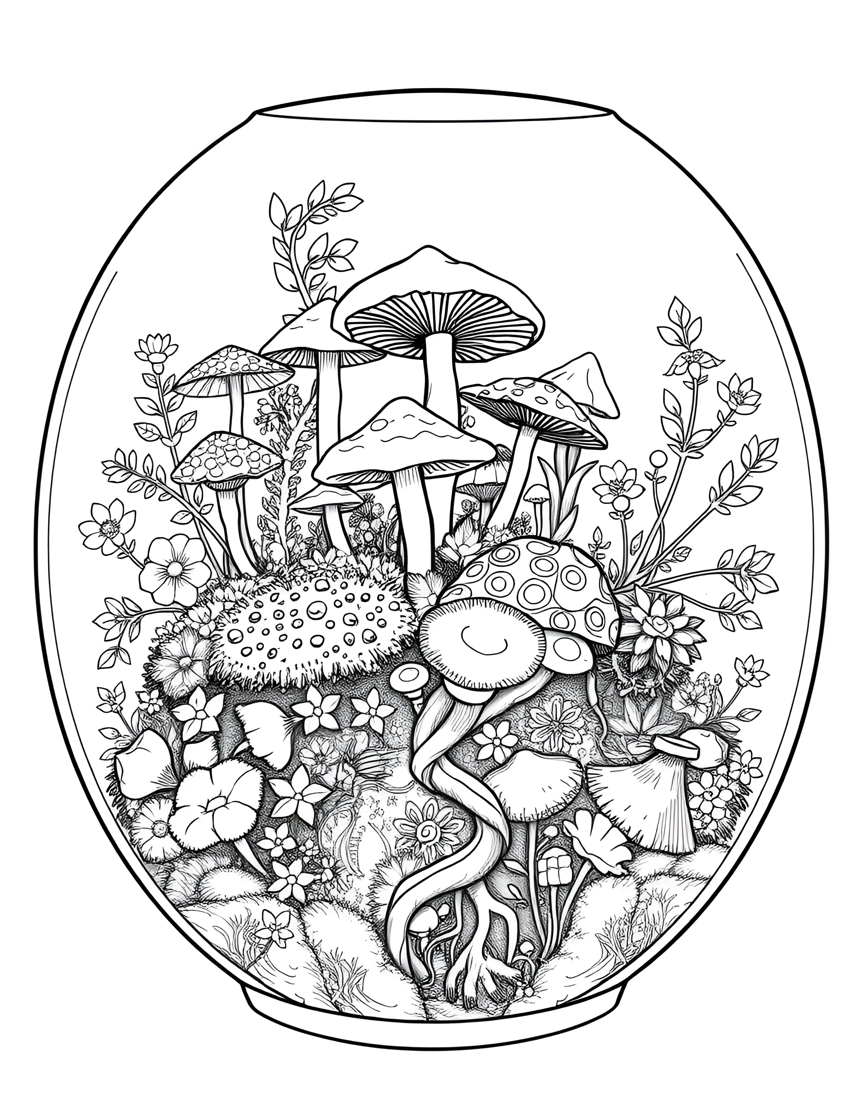 Mushroom Terrarium Coloring Page -- prompt: "A glass terrarium filled with various mushrooms, moss, and small plants, creating a miniature forest scene." -- Bring the outdoors inside with this delightful mushroom terrarium coloring page. A glass container houses a miniature landscape filled with various mushrooms, moss, and small plants. This page is ideal for those who appreciate indoor gardening and miniature worlds.