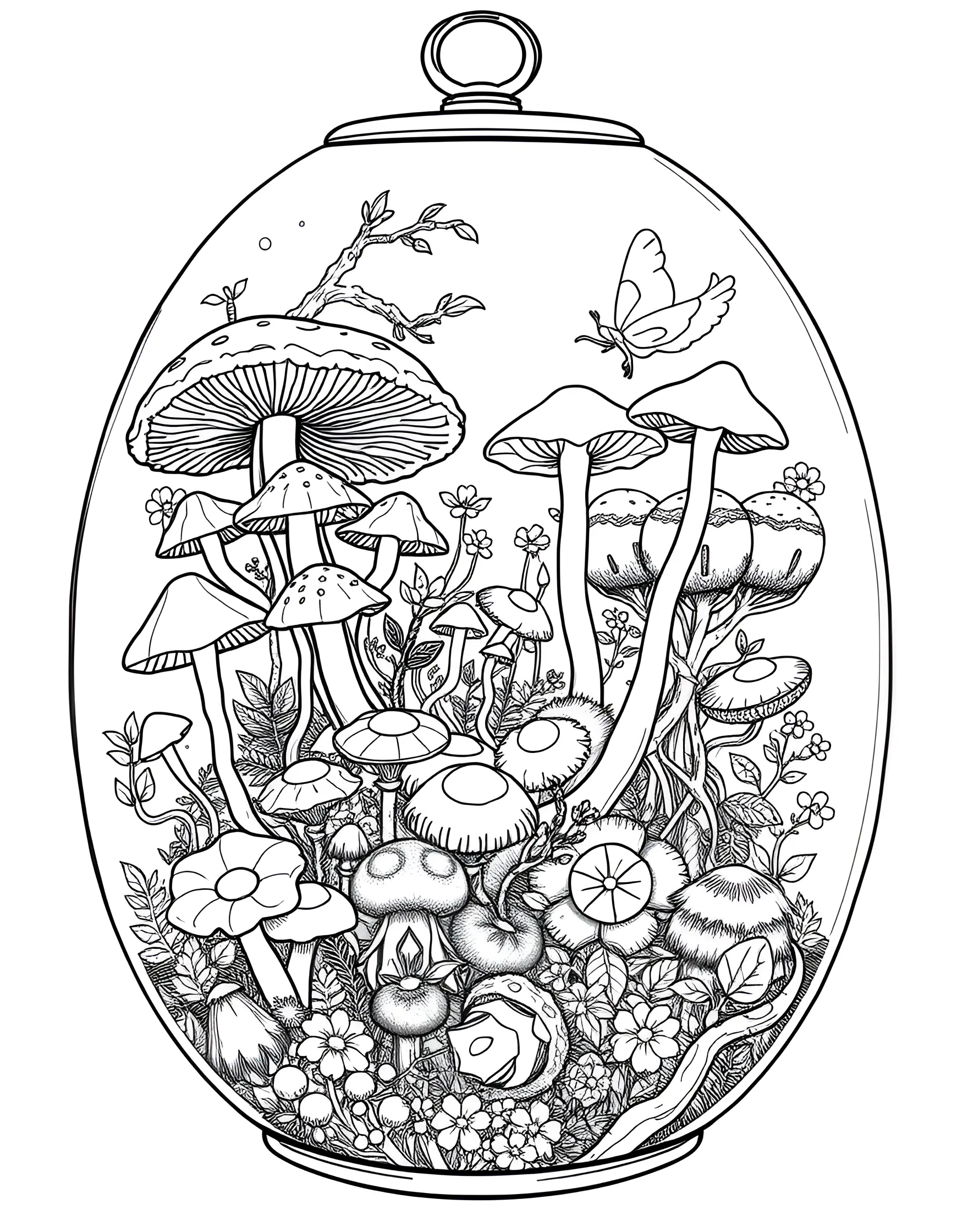 Mushroom Terrarium Coloring Page -- prompt: "A glass terrarium filled with various mushrooms, moss, and small plants, creating a miniature forest scene." -- Bring the outdoors inside with this delightful mushroom terrarium coloring page. A glass container houses a miniature landscape filled with various mushrooms, moss, and small plants. This page is ideal for those who appreciate indoor gardening and miniature worlds.