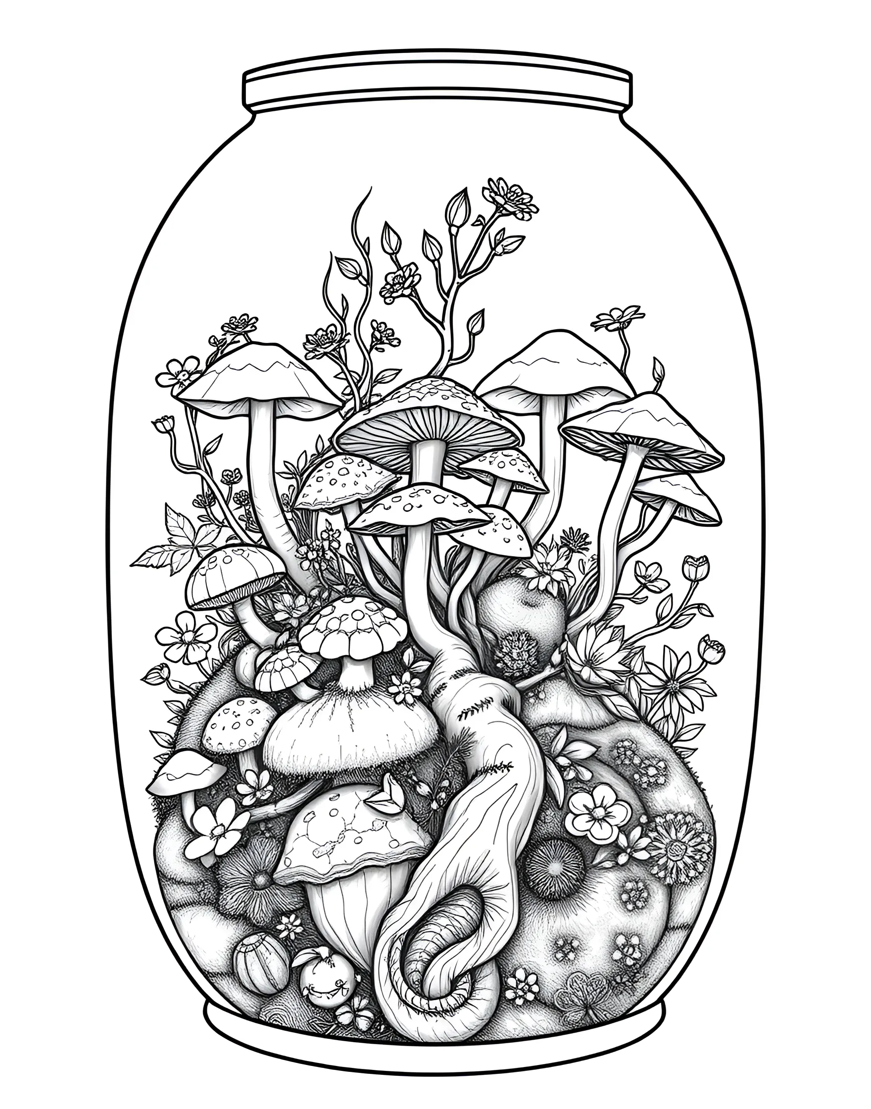 Mushroom Terrarium Coloring Page -- prompt: "A glass terrarium filled with various mushrooms, moss, and small plants, creating a miniature forest scene." -- Bring the outdoors inside with this delightful mushroom terrarium coloring page. A glass container houses a miniature landscape filled with various mushrooms, moss, and small plants. This page is ideal for those who appreciate indoor gardening and miniature worlds.