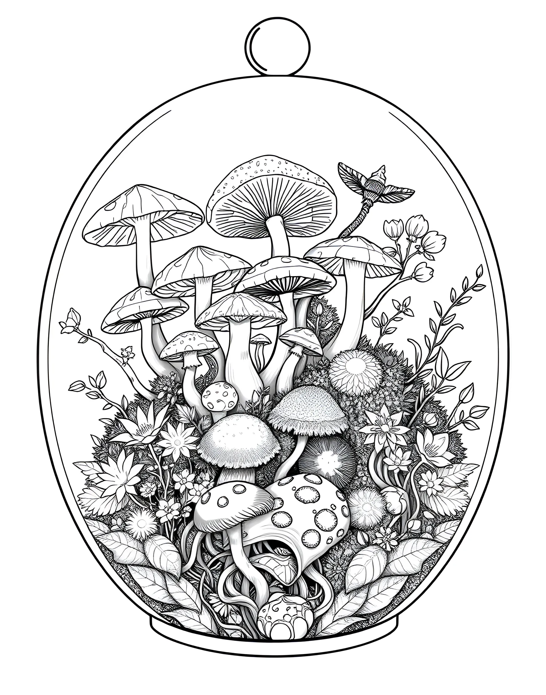 Mushroom Terrarium Coloring Page -- prompt: "A glass terrarium filled with various mushrooms, moss, and small plants, creating a miniature forest scene." -- Bring the outdoors inside with this delightful mushroom terrarium coloring page. A glass container houses a miniature landscape filled with various mushrooms, moss, and small plants. This page is ideal for those who appreciate indoor gardening and miniature worlds.