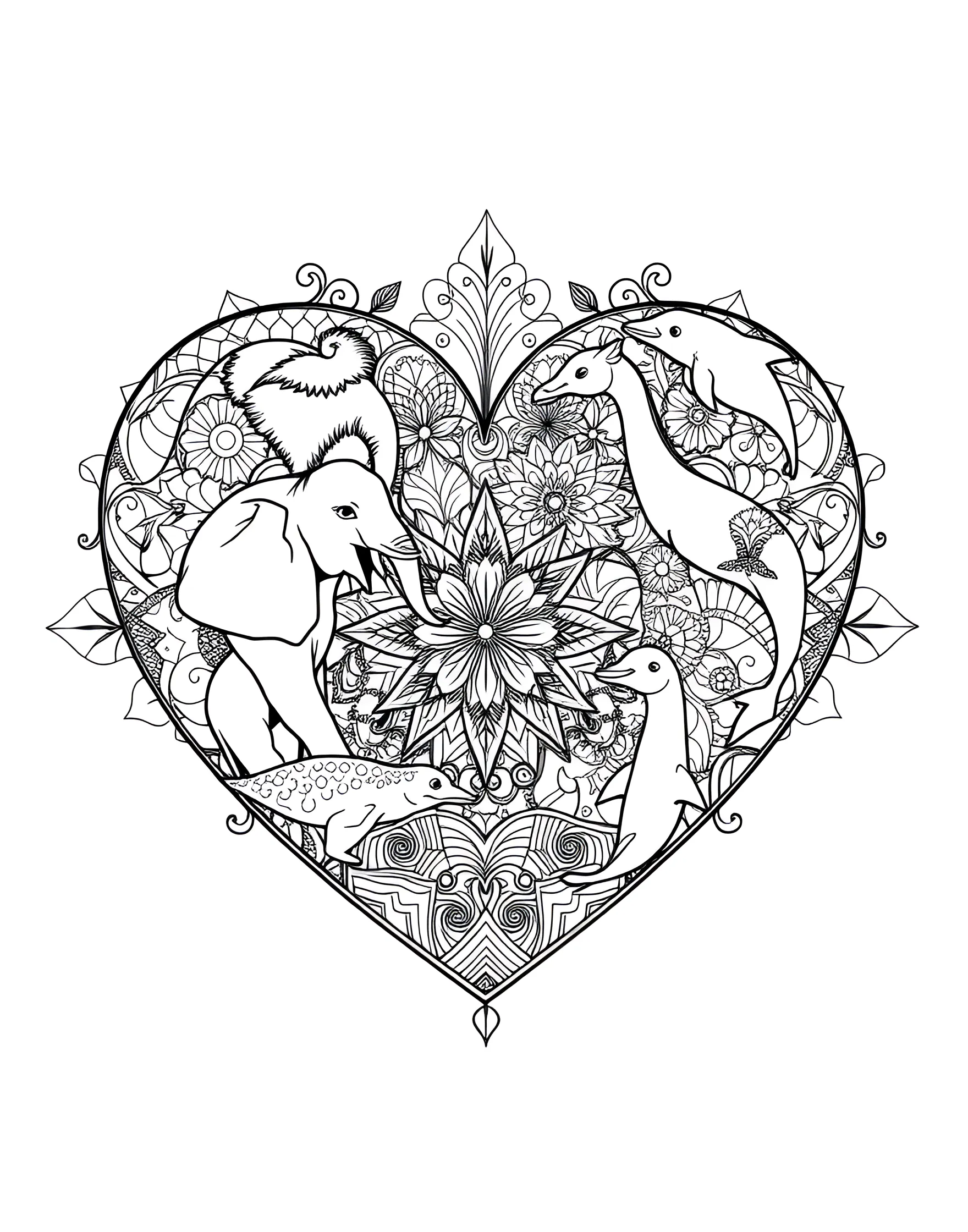 Zentangle Animal Heart Coloring Page -- prompt: "A heart filled with zentangle-style outlines of various animals, each composed of intricate patterns." -- This captivating coloring page presents a heart filled with various zentangle-style animal outlines. From majestic lions to playful dolphins, each animal is composed of intricate patterns and designs. This page offers a unique blend of nature-inspired art and meditative pattern work, perfect for animal lovers and zentangle enthusiasts alike.