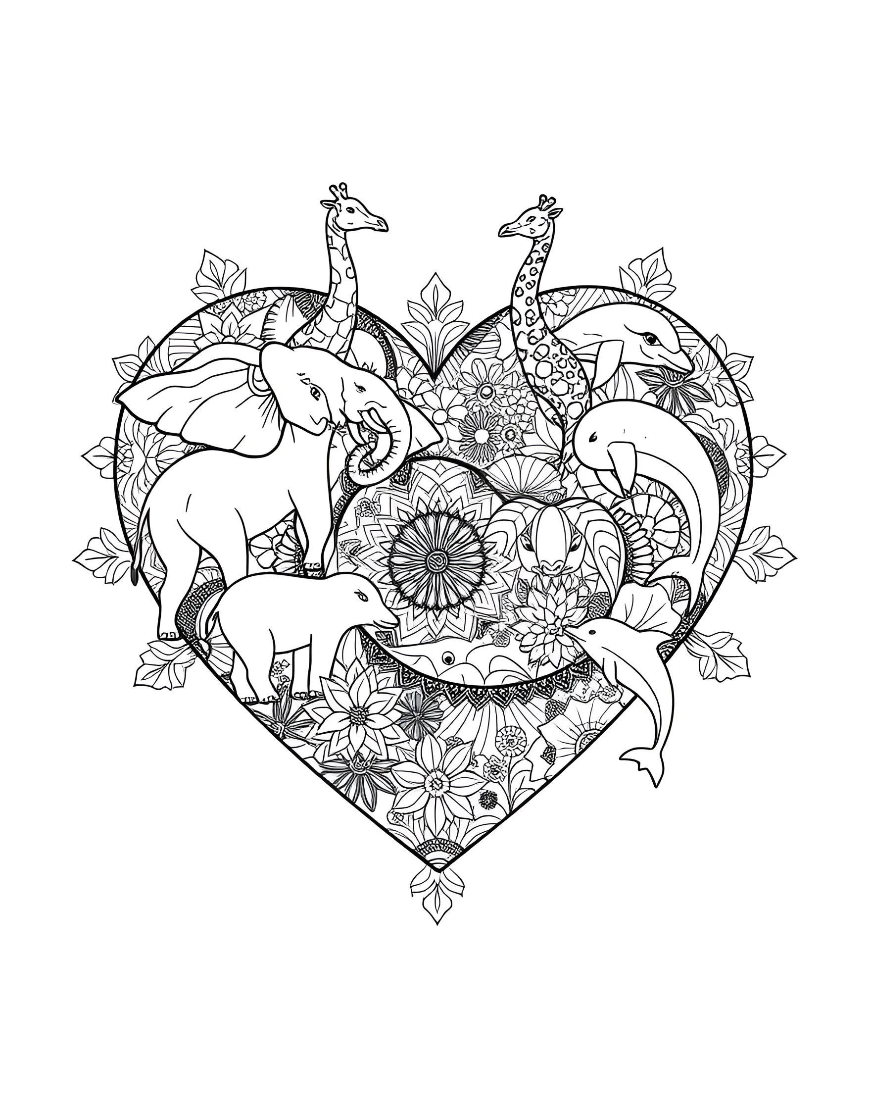 Zentangle Animal Heart Coloring Page -- prompt: "A heart filled with zentangle-style outlines of various animals, each composed of intricate patterns." -- This captivating coloring page presents a heart filled with various zentangle-style animal outlines. From majestic lions to playful dolphins, each animal is composed of intricate patterns and designs. This page offers a unique blend of nature-inspired art and meditative pattern work, perfect for animal lovers and zentangle enthusiasts alike.