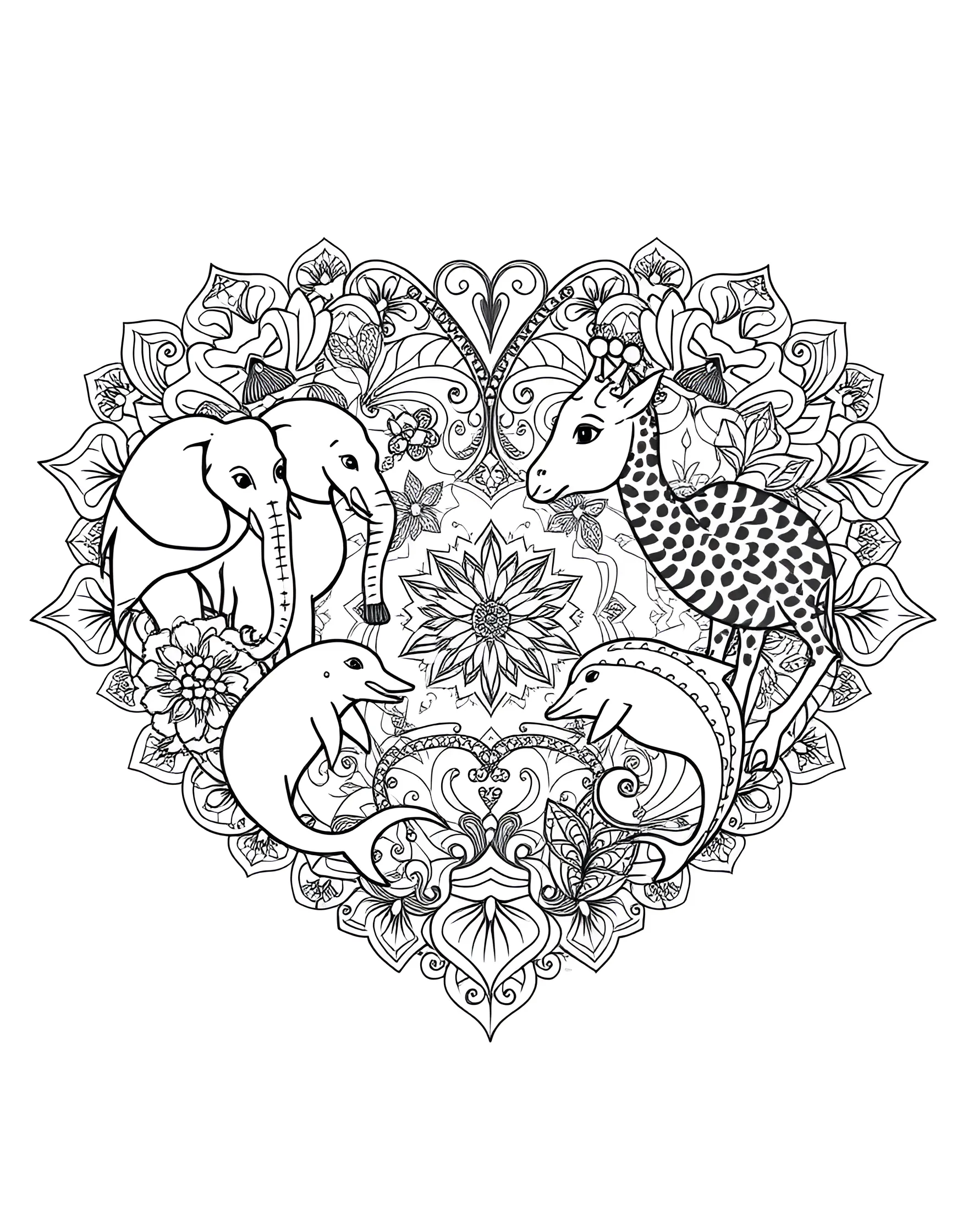 Zentangle Animal Heart Coloring Page -- prompt: "A heart filled with zentangle-style outlines of various animals, each composed of intricate patterns." -- This captivating coloring page presents a heart filled with various zentangle-style animal outlines. From majestic lions to playful dolphins, each animal is composed of intricate patterns and designs. This page offers a unique blend of nature-inspired art and meditative pattern work, perfect for animal lovers and zentangle enthusiasts alike.