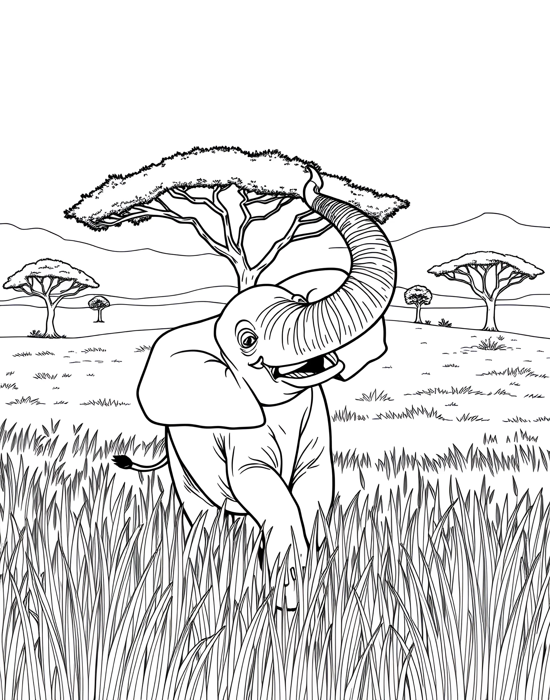 Playful Elephant in the Savanna Coloring Page -- prompt: "A happy elephant playing in tall grass with acacia trees in the background on the African savanna." -- This charming coloring page features a jovial elephant frolicking in the African savanna. The gentle giant is surrounded by swaying grass and a few acacia trees, perfectly capturing the essence of its natural habitat. Children and adults alike will delight in bringing this scene to life with vibrant colors, while learning about elephant behavior and their environment.