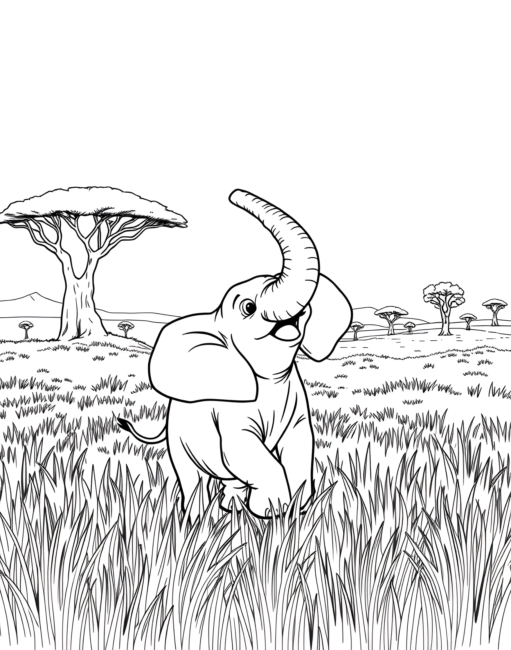 Playful Elephant in the Savanna Coloring Page -- prompt: "A happy elephant playing in tall grass with acacia trees in the background on the African savanna." -- This charming coloring page features a jovial elephant frolicking in the African savanna. The gentle giant is surrounded by swaying grass and a few acacia trees, perfectly capturing the essence of its natural habitat. Children and adults alike will delight in bringing this scene to life with vibrant colors, while learning about elephant behavior and their environment.