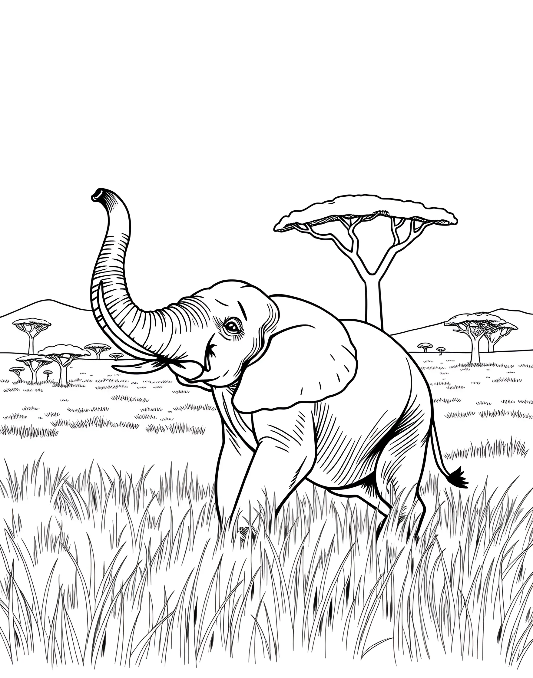 Playful Elephant in the Savanna Coloring Page -- prompt: "A happy elephant playing in tall grass with acacia trees in the background on the African savanna." -- This charming coloring page features a jovial elephant frolicking in the African savanna. The gentle giant is surrounded by swaying grass and a few acacia trees, perfectly capturing the essence of its natural habitat. Children and adults alike will delight in bringing this scene to life with vibrant colors, while learning about elephant behavior and their environment.