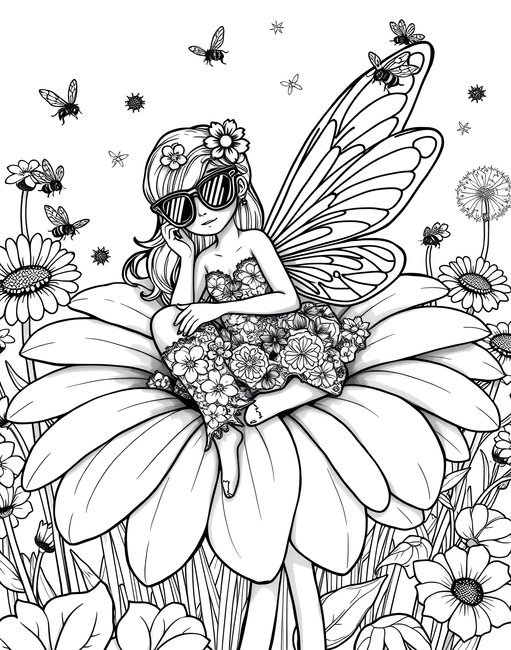 Fairy Sunbathing on a Daisy Coloring Page -- prompt: "A fairy sunbathing on a large daisy petal, wearing flower petal sunglasses, surrounded by bees and floating dandelion seeds." -- Relax and unwind with this peaceful coloring page featuring a fairy enjoying a sunny day. The fairy reclines on a large daisy petal, wearing sunglasses made from tiny flower petals. Surrounding the daisy are other summery elements like buzzing bees and floating dandelion seeds, creating a warm and inviting scene to color.