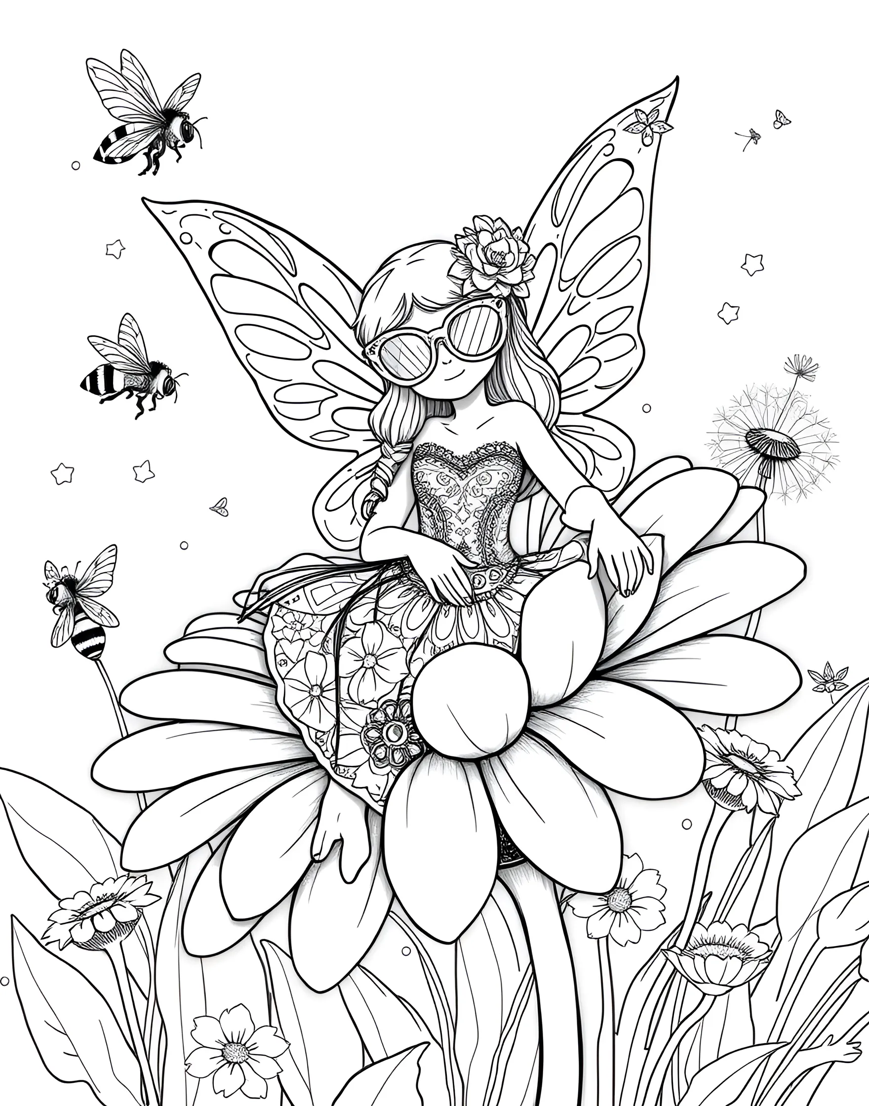 Fairy Sunbathing on a Daisy Coloring Page -- prompt: "A fairy sunbathing on a large daisy petal, wearing flower petal sunglasses, surrounded by bees and floating dandelion seeds." -- Relax and unwind with this peaceful coloring page featuring a fairy enjoying a sunny day. The fairy reclines on a large daisy petal, wearing sunglasses made from tiny flower petals. Surrounding the daisy are other summery elements like buzzing bees and floating dandelion seeds, creating a warm and inviting scene to color.