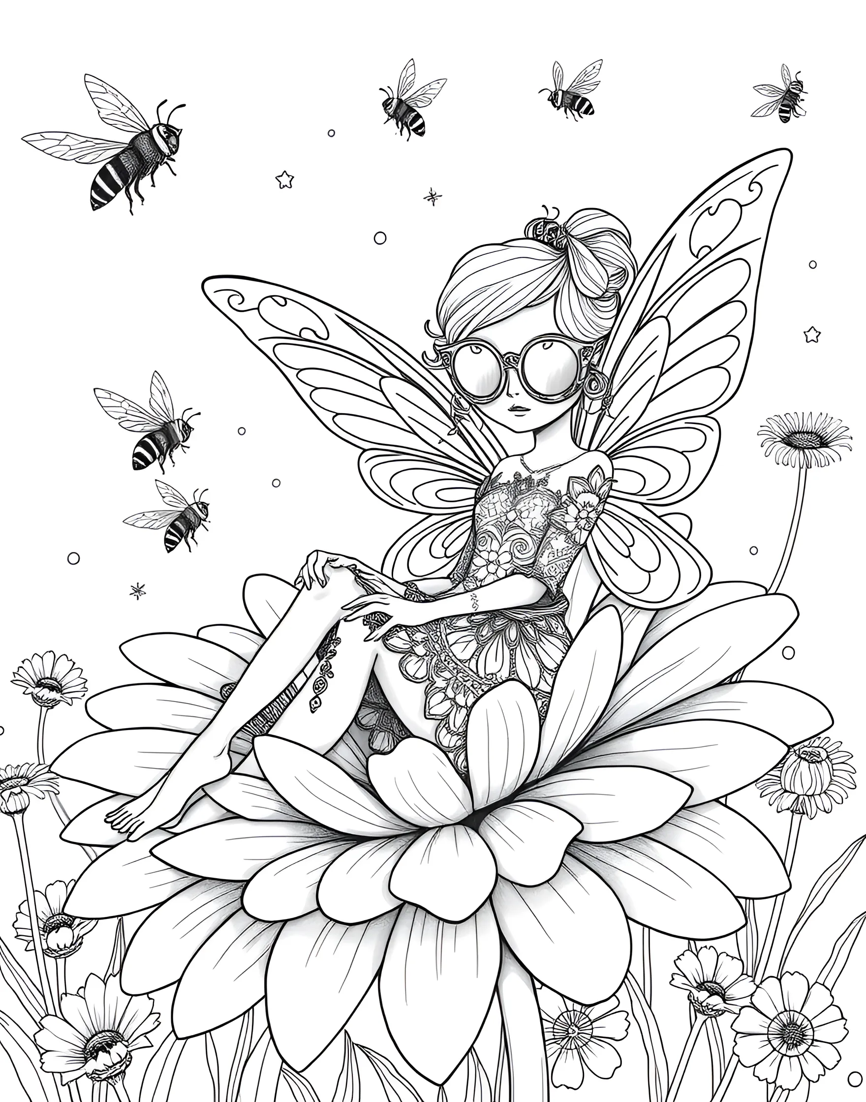 Fairy Sunbathing on a Daisy Coloring Page -- prompt: "A fairy sunbathing on a large daisy petal, wearing flower petal sunglasses, surrounded by bees and floating dandelion seeds." -- Relax and unwind with this peaceful coloring page featuring a fairy enjoying a sunny day. The fairy reclines on a large daisy petal, wearing sunglasses made from tiny flower petals. Surrounding the daisy are other summery elements like buzzing bees and floating dandelion seeds, creating a warm and inviting scene to color.