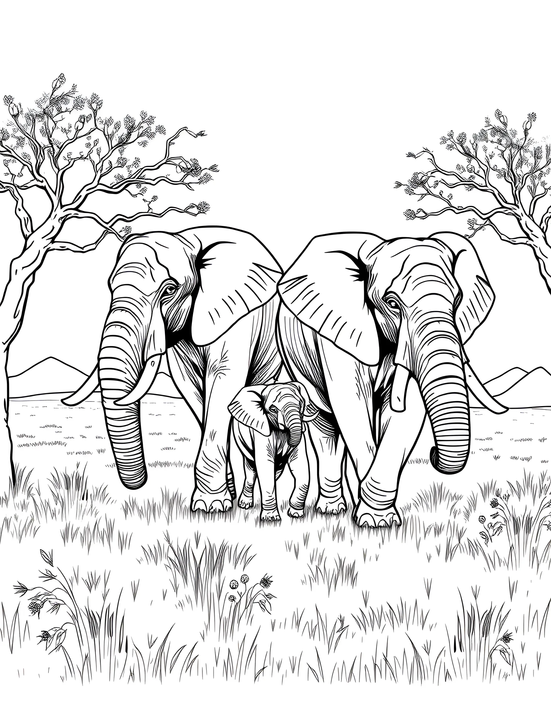 Elephant Family Outing Coloring Page -- prompt: "A family of elephants walking together on the African savanna with acacia trees in the background." -- This heartwarming scene depicts a family of elephants on a leisurely stroll through the savanna. The larger adult elephants protectively flank their adorable baby, showcasing the strong family bonds these animals share. The background features acacia trees and distant mountains, adding depth to the African landscape.