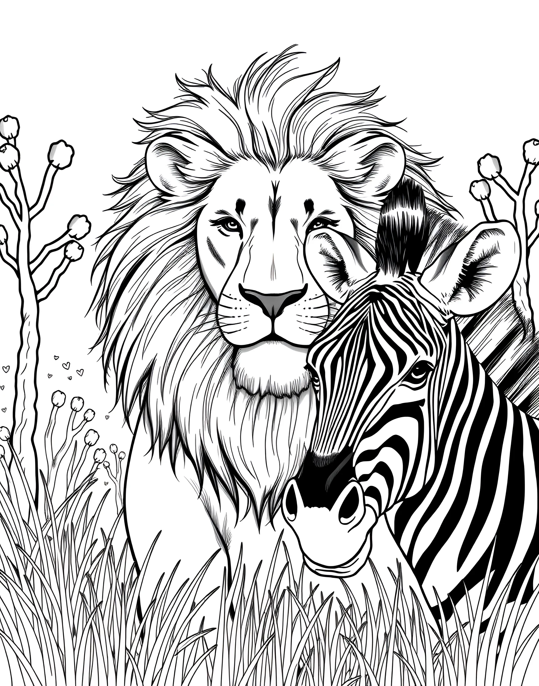 Lion and Zebra Encounter Coloring Page -- prompt: "A lion and a zebra facing each other in a tense encounter on the African savanna." -- This exciting coloring page captures a tense moment between predator and prey. A majestic lion stands face-to-face with a cautious zebra, creating a dramatic savanna scene. It's an excellent choice for those who enjoy coloring contrasting patterns and exploring the dynamics of wildlife interactions.