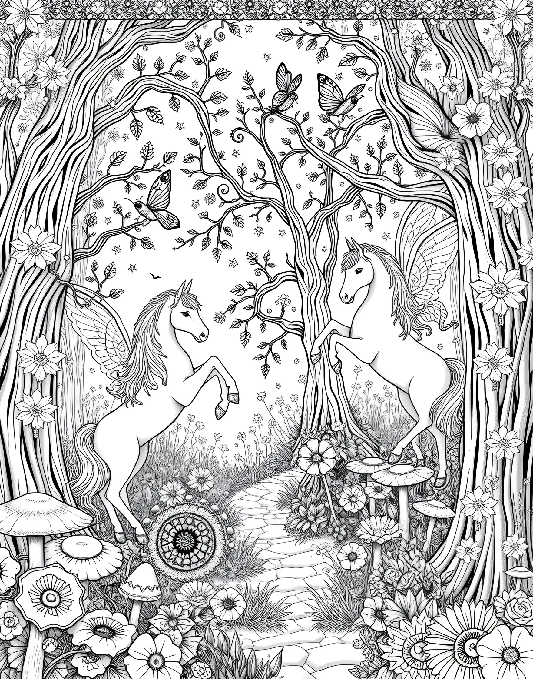 Mystical Forest Creatures Coloring Page -- prompt: "A magical forest scene with intricate depictions of mystical creatures such as unicorns, fairies, and woodland spirits, designed for adult coloring." -- Enter an enchanted realm with this coloring page featuring mystical forest creatures. Intricate details bring to life fantastical beings like unicorns, fairies, and woodland spirits. The magical scene offers a perfect escape into a world of imagination and wonder.