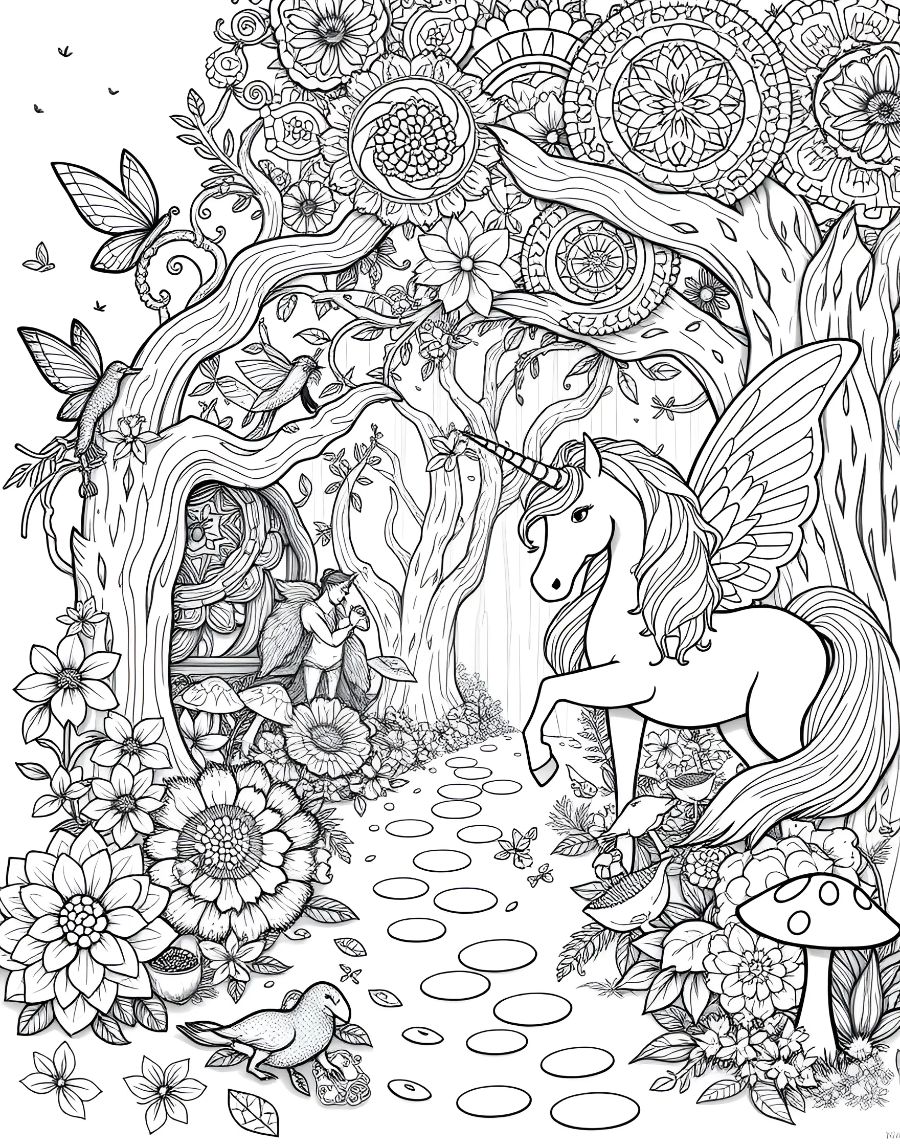 Mystical Forest Creatures Coloring Page -- prompt: "A magical forest scene with intricate depictions of mystical creatures such as unicorns, fairies, and woodland spirits, designed for adult coloring." -- Enter an enchanted realm with this coloring page featuring mystical forest creatures. Intricate details bring to life fantastical beings like unicorns, fairies, and woodland spirits. The magical scene offers a perfect escape into a world of imagination and wonder.