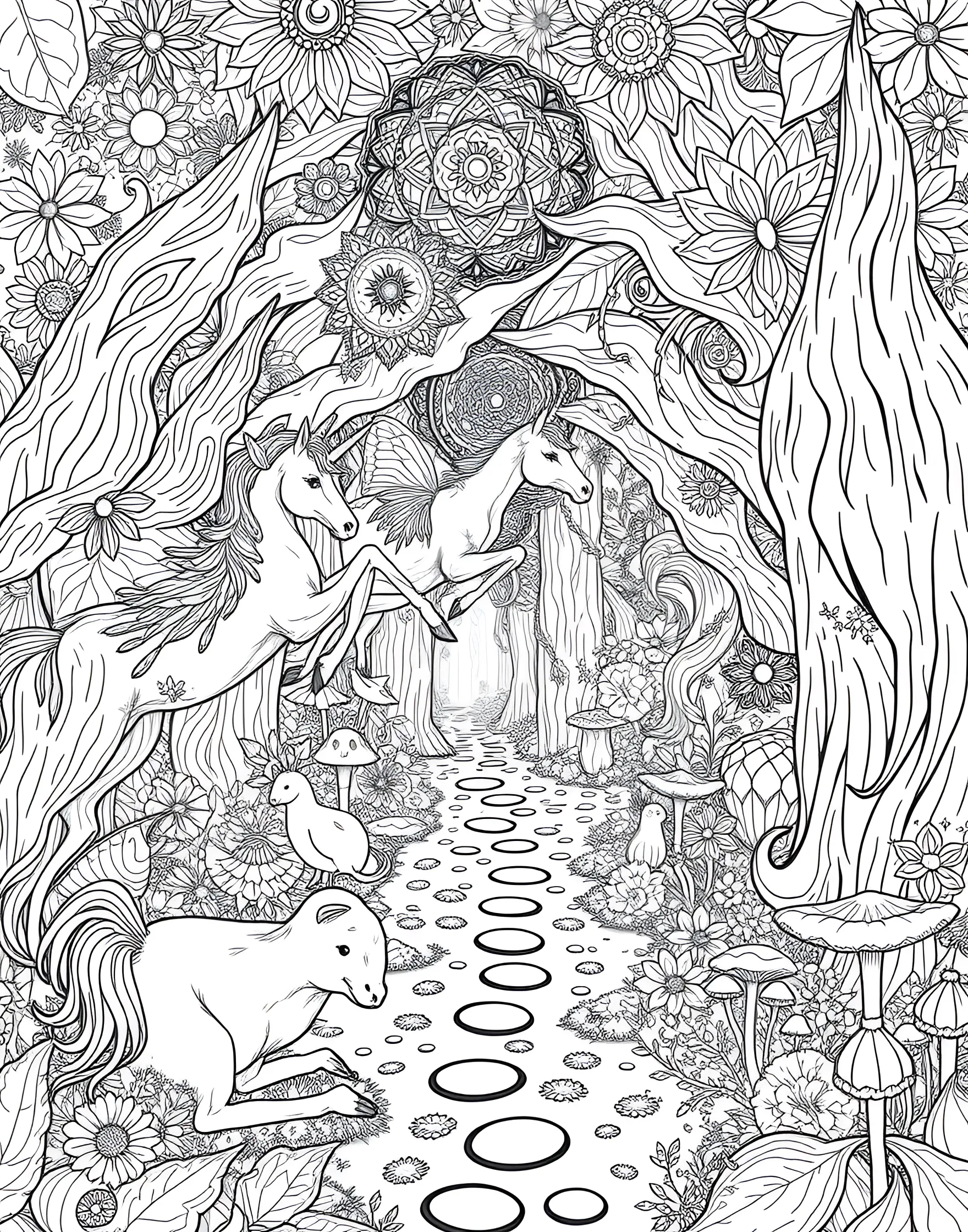 Mystical Forest Creatures Coloring Page -- prompt: "A magical forest scene with intricate depictions of mystical creatures such as unicorns, fairies, and woodland spirits, designed for adult coloring." -- Enter an enchanted realm with this coloring page featuring mystical forest creatures. Intricate details bring to life fantastical beings like unicorns, fairies, and woodland spirits. The magical scene offers a perfect escape into a world of imagination and wonder.