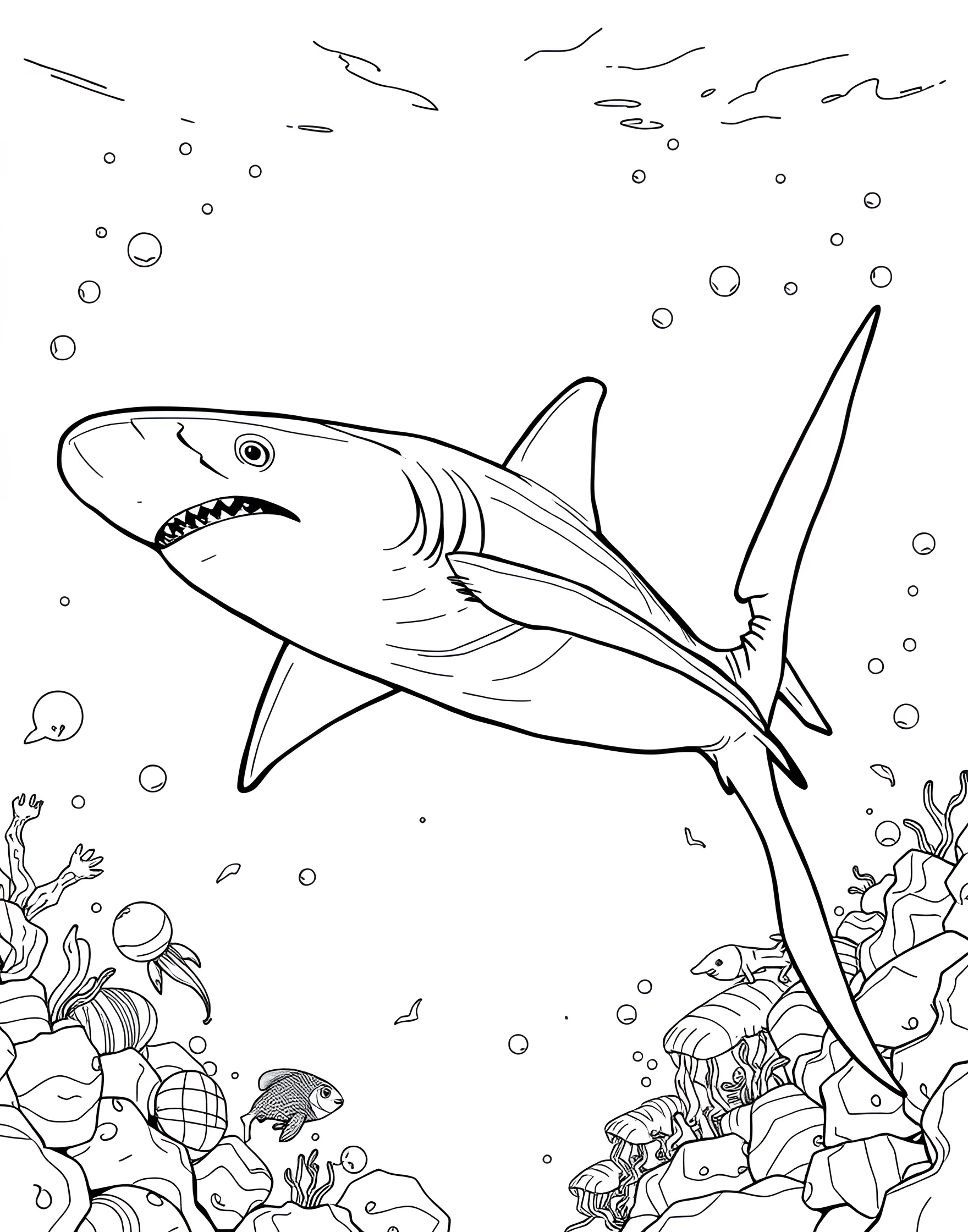 Thresher Shark's Whip-like Tail Coloring Page -- prompt: "A thresher shark with its long, whip-like tail extended, swimming in open water." -- Admire the unique adaptation of the thresher shark with its incredibly long, whip-like tail. This coloring page showcases the shark's distinctive silhouette as it uses its tail to stun its prey. It's a great opportunity to learn about different shark hunting techniques while enjoying a creative coloring session.