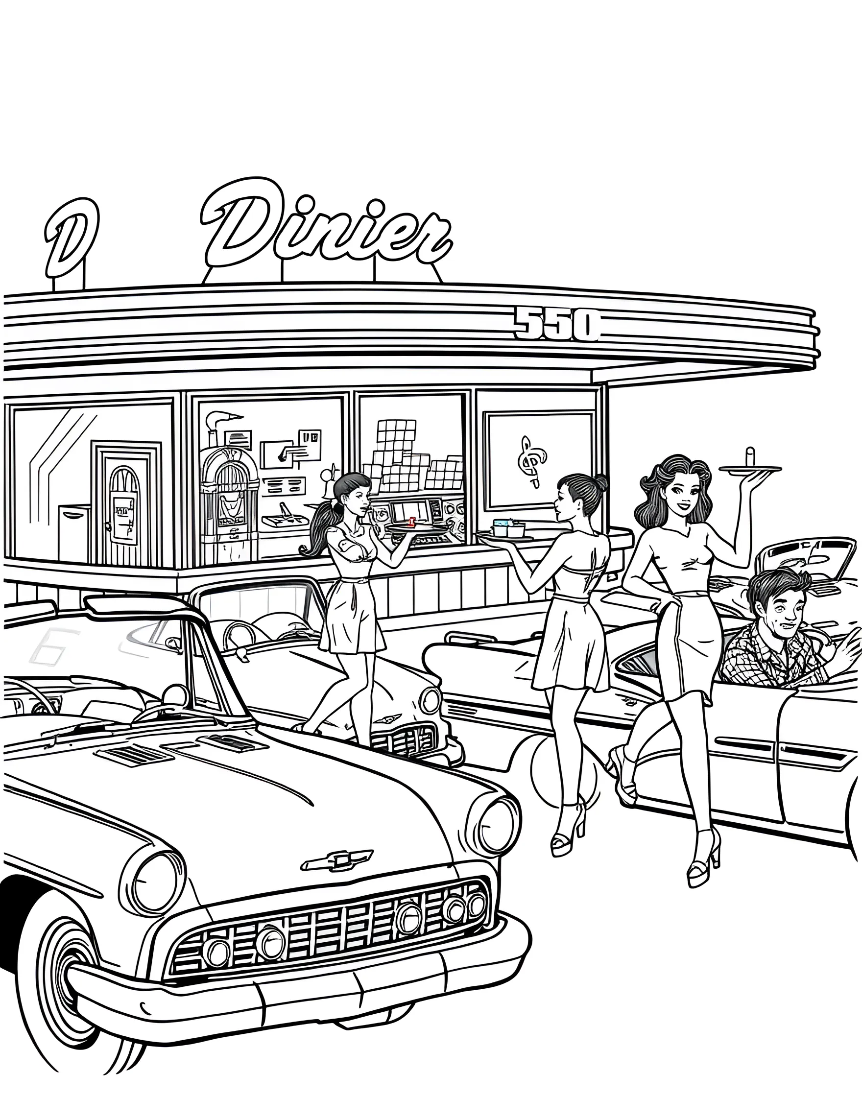 Retro Drive-In Diner Scene Coloring Page -- prompt: "A 1950s style drive-in diner with classic cars parked around it and roller-skating waitresses serving food." -- Travel back to the 1950s with this nostalgic coloring page featuring a bustling drive-in diner. Classic cars are parked around the retro-style building, with roller-skating waitresses delivering trays of food. It's a fun glimpse into Americana that car and history enthusiasts will love.