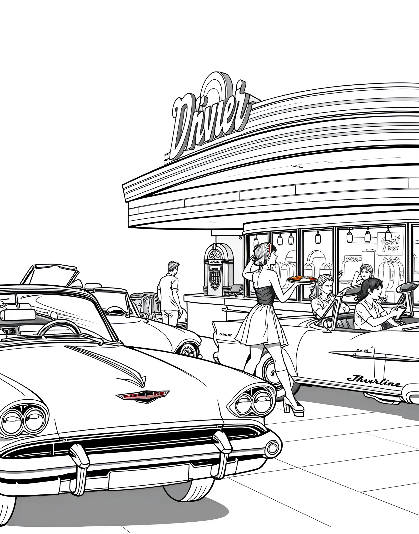 Retro Drive-In Diner Scene Coloring Page -- prompt: "A 1950s style drive-in diner with classic cars parked around it and roller-skating waitresses serving food." -- Travel back to the 1950s with this nostalgic coloring page featuring a bustling drive-in diner. Classic cars are parked around the retro-style building, with roller-skating waitresses delivering trays of food. It's a fun glimpse into Americana that car and history enthusiasts will love.