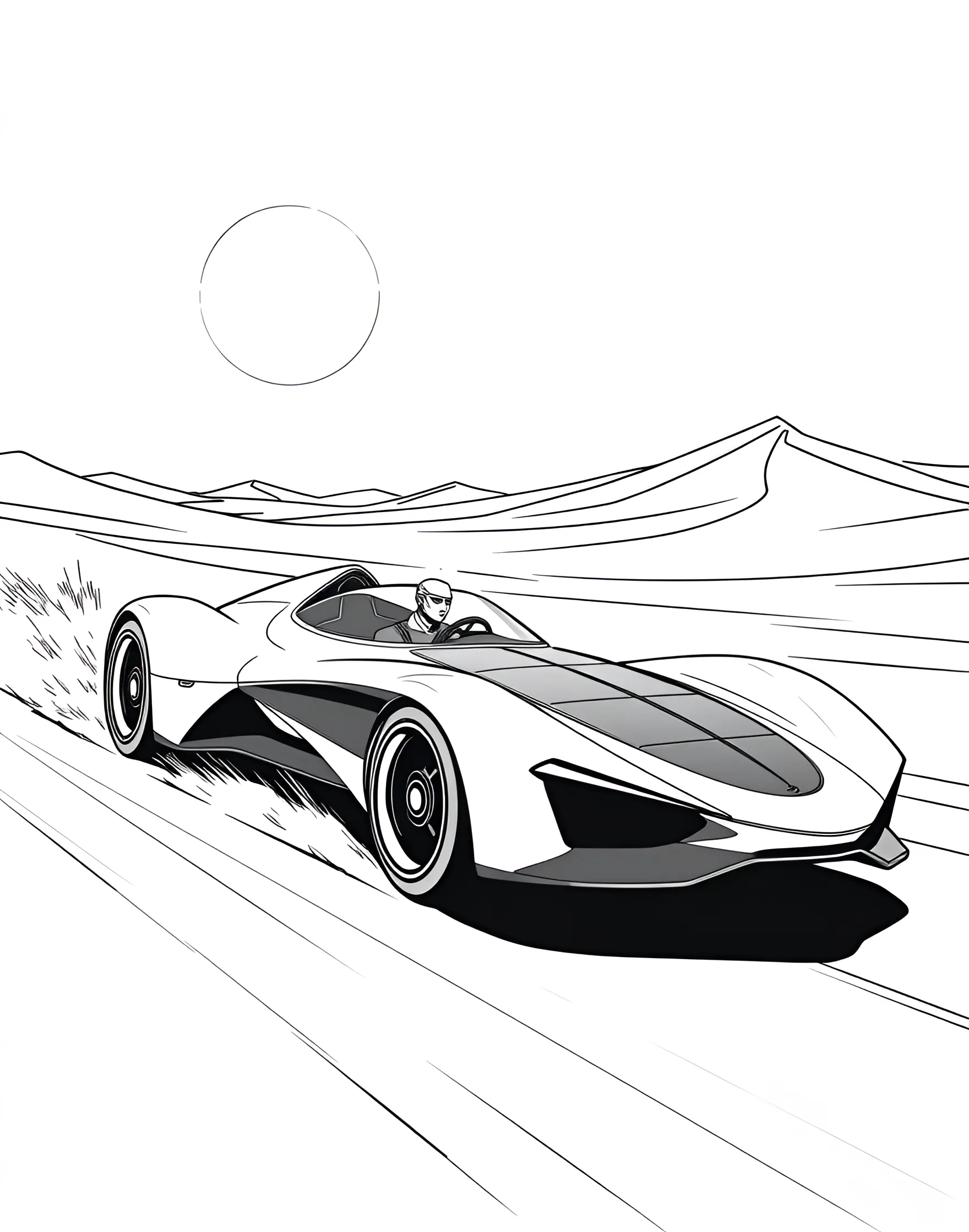 Solar-Powered Car Racing Through the Desert Coloring Page -- prompt: "A streamlined solar-powered car racing across a desert with sun and sand dunes visible." -- Combine eco-friendliness with speed in this innovative coloring page featuring a solar-powered race car. The aerodynamic vehicle, covered in solar panels, is shown zooming across a sun-baked desert landscape. It's an inspiring choice for environmentally conscious kids who also love the thrill of racing.