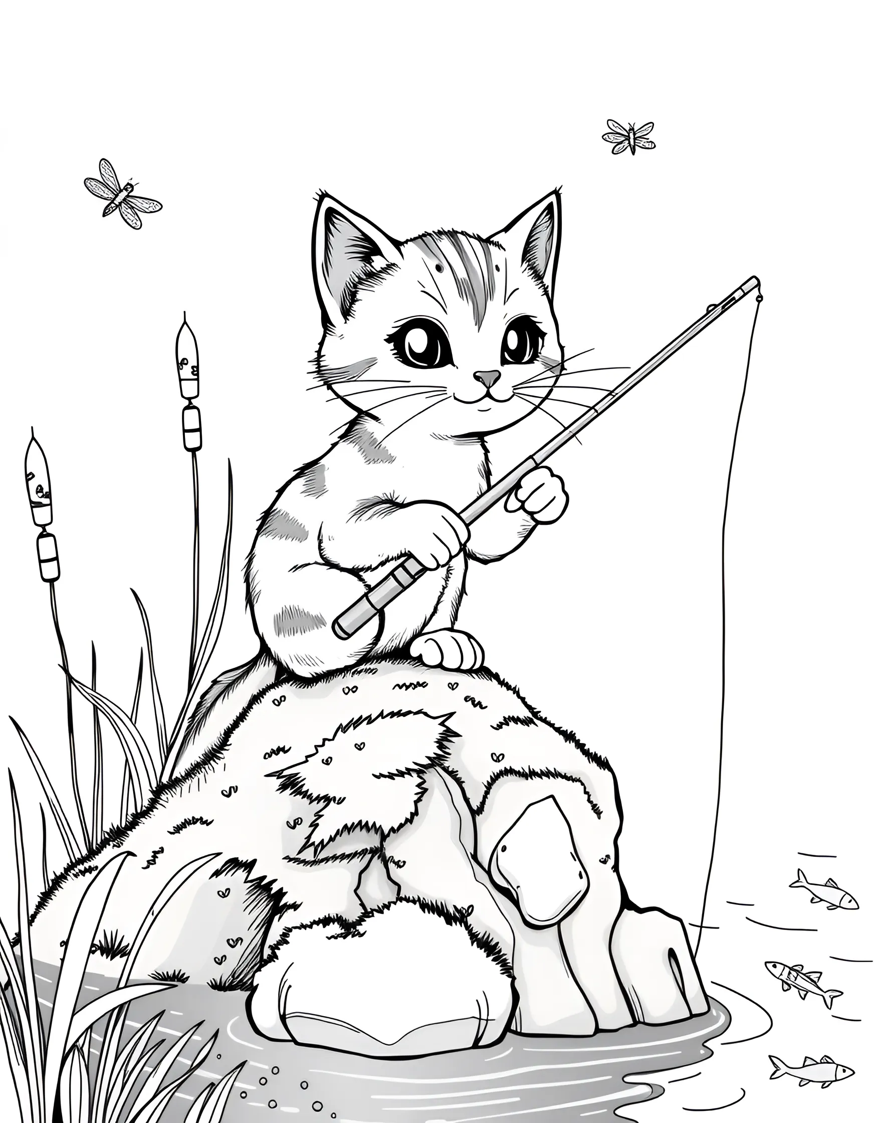 Cat Fishing by a Pond Coloring Page -- prompt: "A cat sitting on the bank of a pond, holding a fishing rod with its paw." -- This peaceful coloring page shows a cat sitting by a pond, holding a fishing rod. The cat's patient expression and the serene water scene create a relaxing outdoor atmosphere. It's great for nature lovers and those who appreciate cats in tranquil settings.