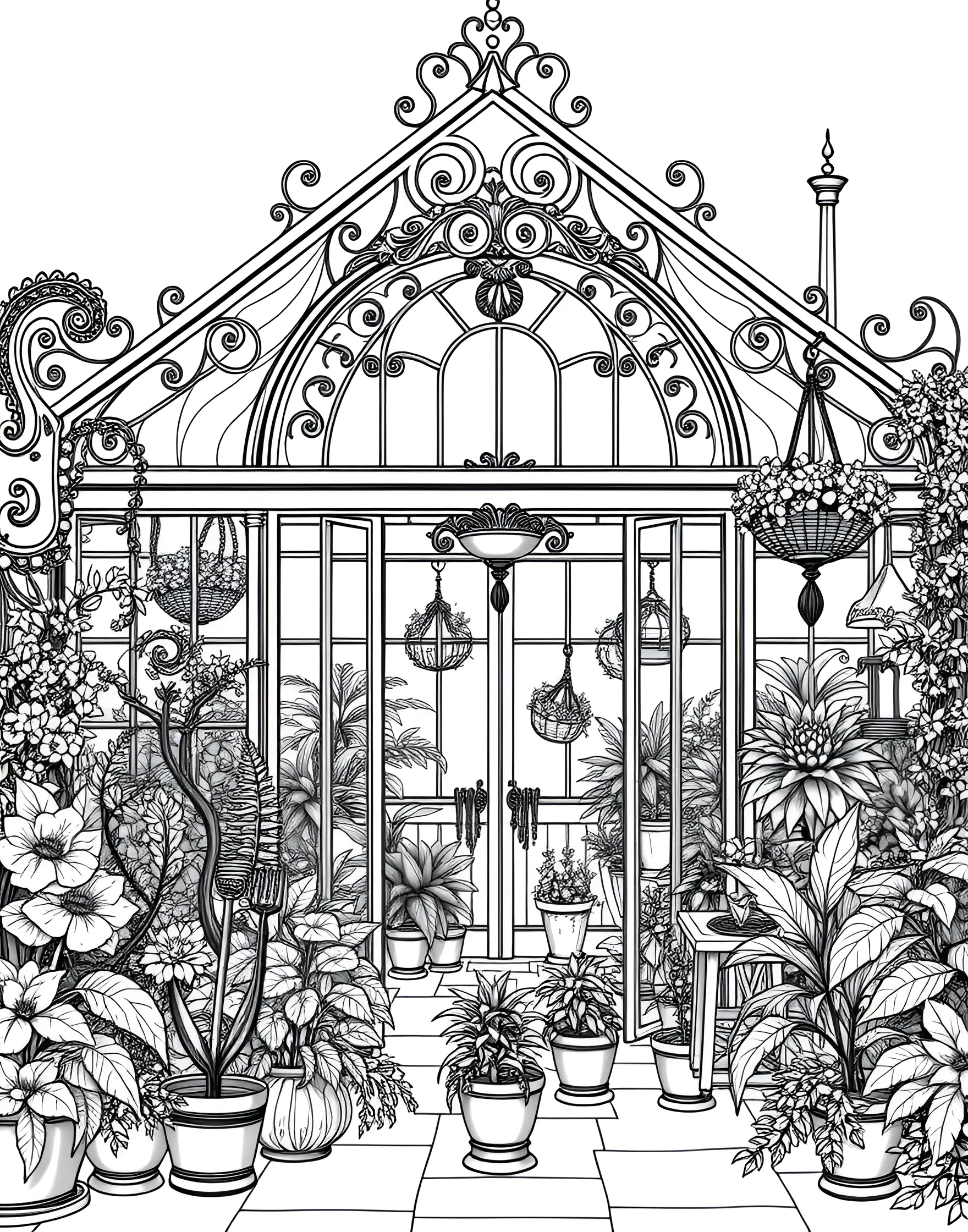 Victorian Greenhouse Botanical Coloring Page -- prompt: "A detailed Victorian-style greenhouse filled with various plants, flowers, and gardening implements." -- Step into a world of botanical wonder with this Victorian-inspired greenhouse coloring page. The detailed design features an ornate glass structure filled with exotic plants, flowers, and gardening tools. As you color, bring this lush paradise to life and imagine the scents and sounds of a bygone era.