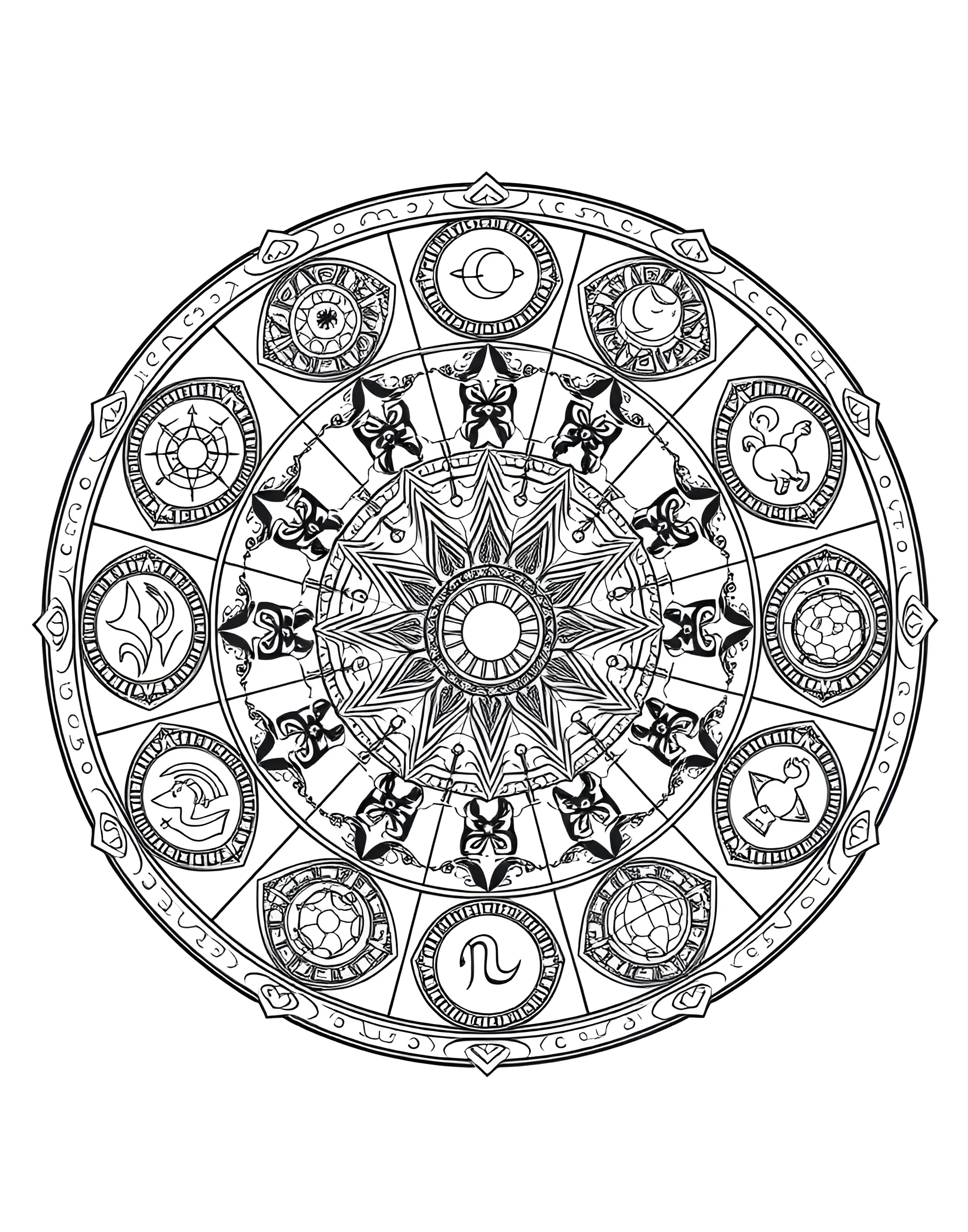 Zodiac Wheel Mandala Coloring Page -- prompt: "A mandala featuring the twelve zodiac signs arranged in a circular wheel, with unique patterns surrounding each astrological symbol." -- Explore the stars with this astrologically-themed mandala. The twelve zodiac signs form a wheel around the center, each surrounded by its own unique patterns. As you color, reflect on the interconnectedness of the celestial and the earthly.