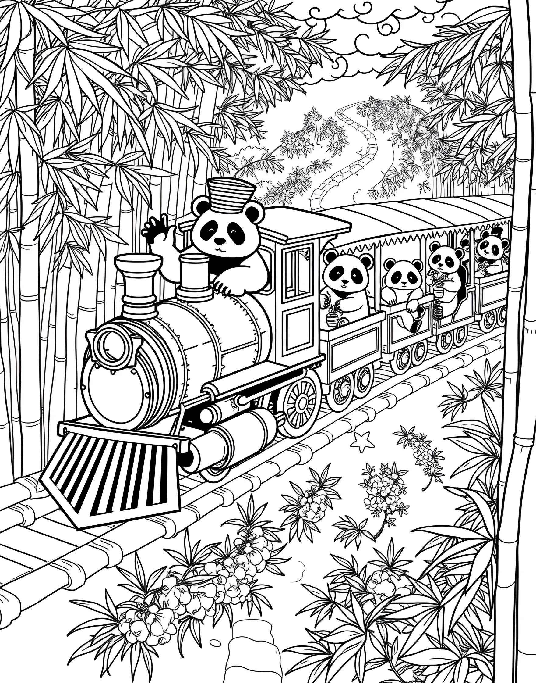 Panda's Bamboo Train Ride Coloring Page -- prompt: "A train made of bamboo carrying panda passengers, driven by a panda conductor on bamboo tracks." -- All aboard the bamboo express in this whimsical coloring page! A long train crafted entirely from bamboo stalks chugs along tracks made of parallel bamboo poles. Panda passengers peek out of windows, while a panda conductor stands at the front, ready for adventure.