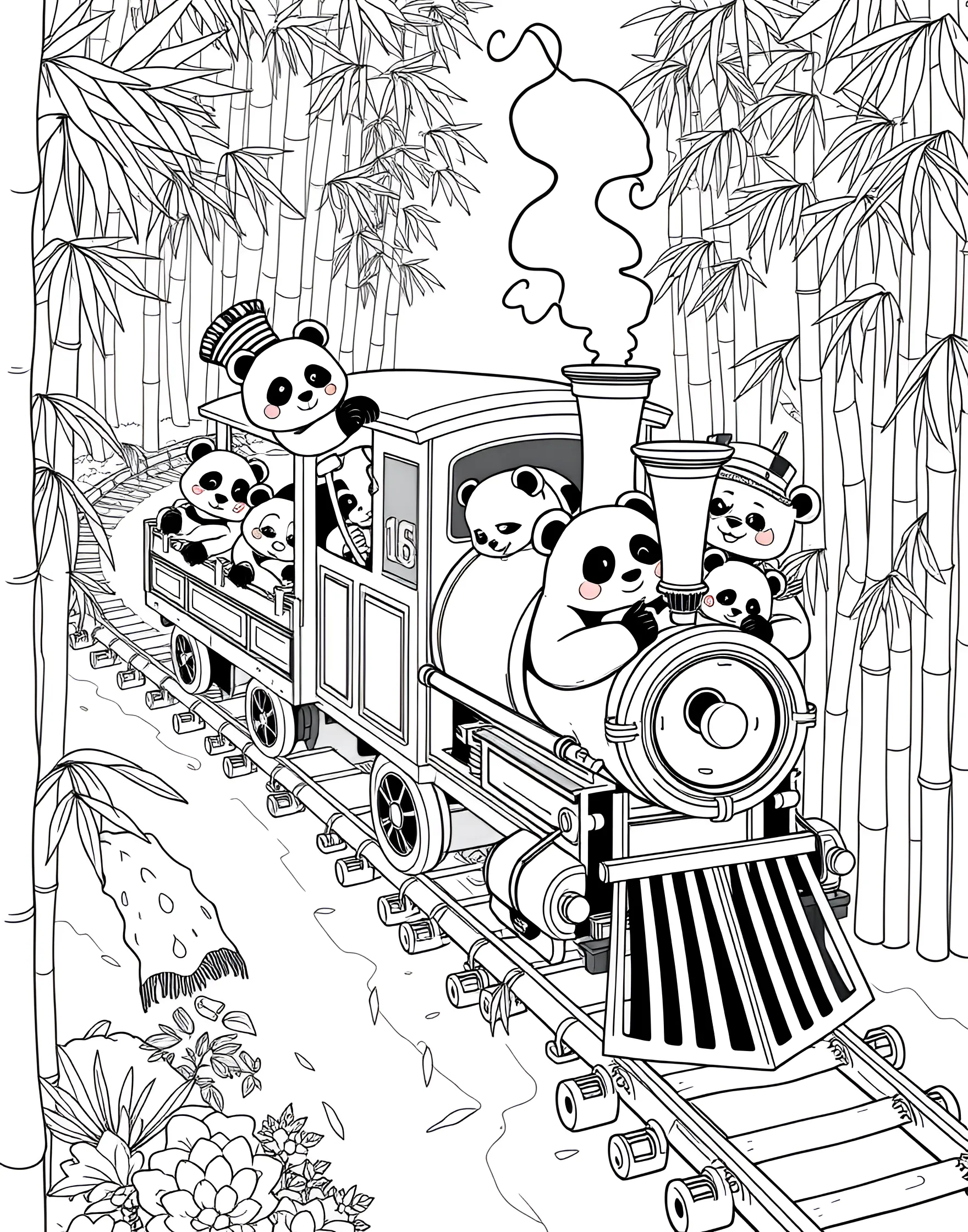 Panda's Bamboo Train Ride Coloring Page -- prompt: "A train made of bamboo carrying panda passengers, driven by a panda conductor on bamboo tracks." -- All aboard the bamboo express in this whimsical coloring page! A long train crafted entirely from bamboo stalks chugs along tracks made of parallel bamboo poles. Panda passengers peek out of windows, while a panda conductor stands at the front, ready for adventure.