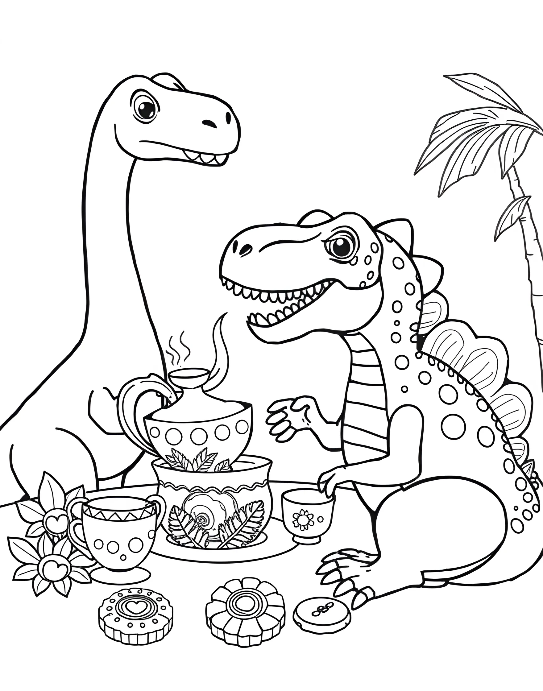 Dinosaur's Time-Traveling Tea Party Coloring Page -- prompt: "Cute dinosaurs from different eras having a tea party with prehistoric-themed tea sets." -- Embark on a prehistoric journey with this whimsical coloring page featuring dinosaurs having a time-traveling tea party. The scene depicts dinosaurs from different eras gathered around a table, sipping tea from coconut shells and snacking on giant leaves. It's a delightful and cute blend of history and fantasy.