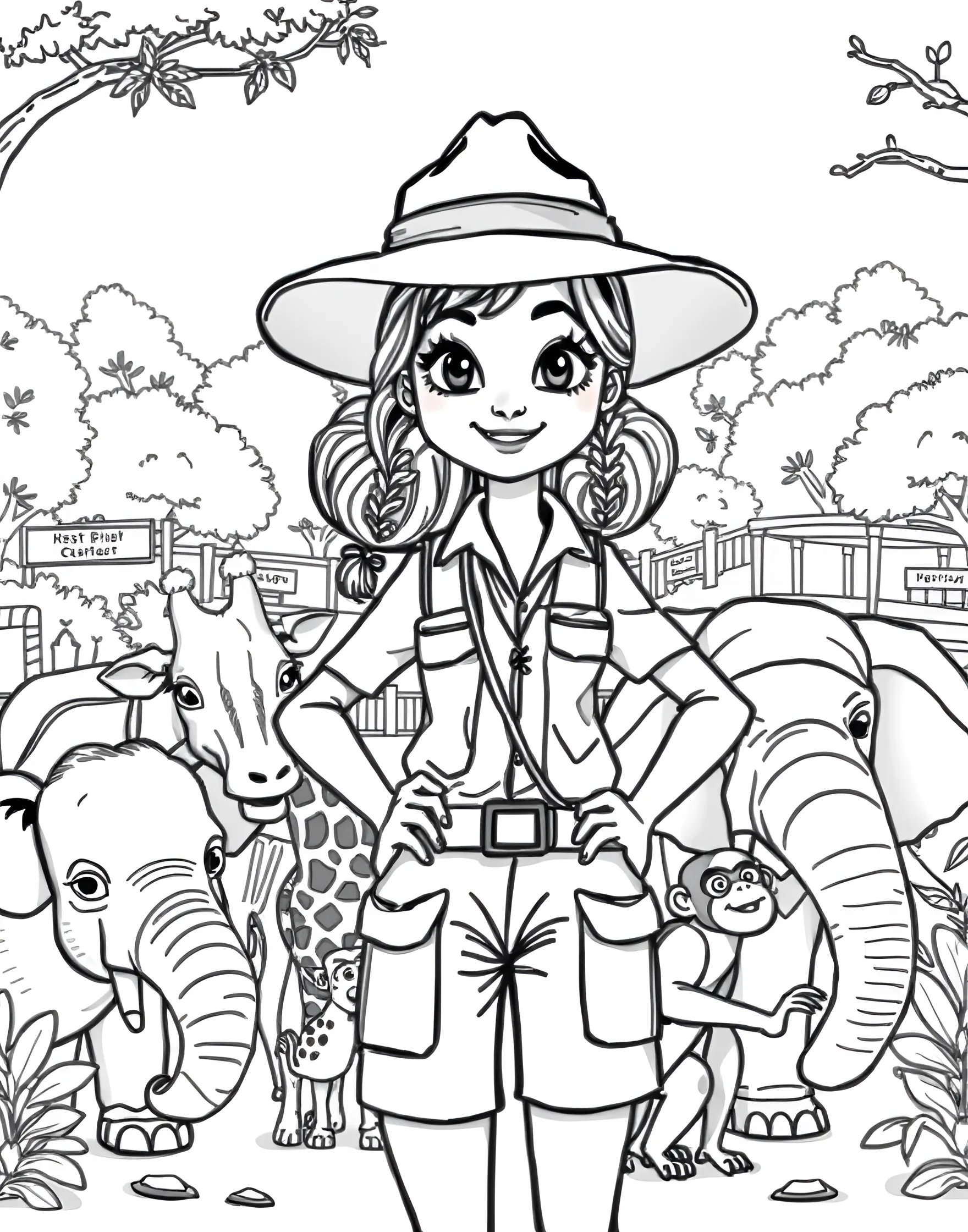 Zookeeper Girl Caring for Animals Coloring Page -- prompt: "A girl zookeeper caring for different animals in a zoo setting with enclosures and feeding areas." -- Celebrate love for animals with this heartwarming zookeeper coloring page. A young girl tends to various zoo animals, feeding and caring for them. The diverse array of animals, enclosures, and zookeeping equipment provide plenty of interesting elements to color and bring the zoo scene to life.