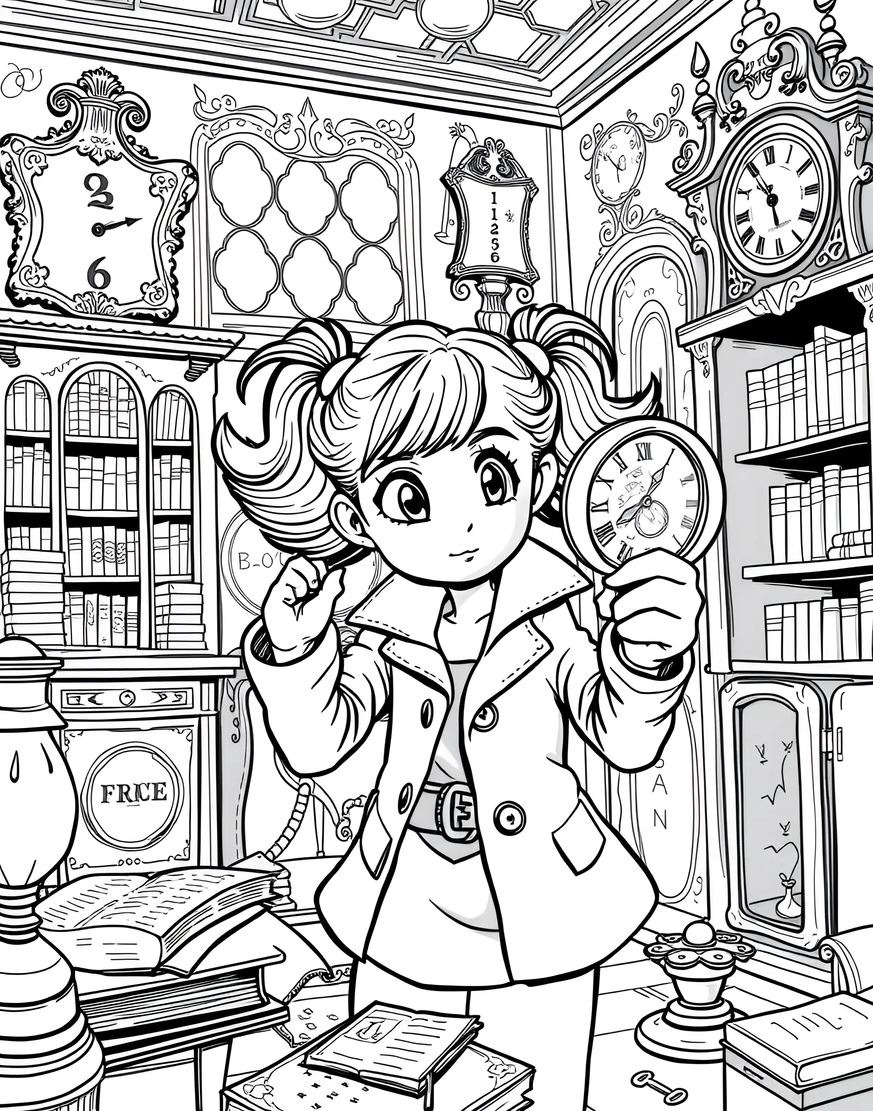 Girl Detective Solving a Mystery Coloring Page -- prompt: "A girl detective with a magnifying glass investigating clues in a mysterious room." -- Engage young sleuths with this intriguing detective coloring page. A girl detective, complete with magnifying glass and notebook, investigates clues in a mysterious setting. The scene is filled with hidden objects and curious details, providing an interactive coloring experience that stimulates the imagination.