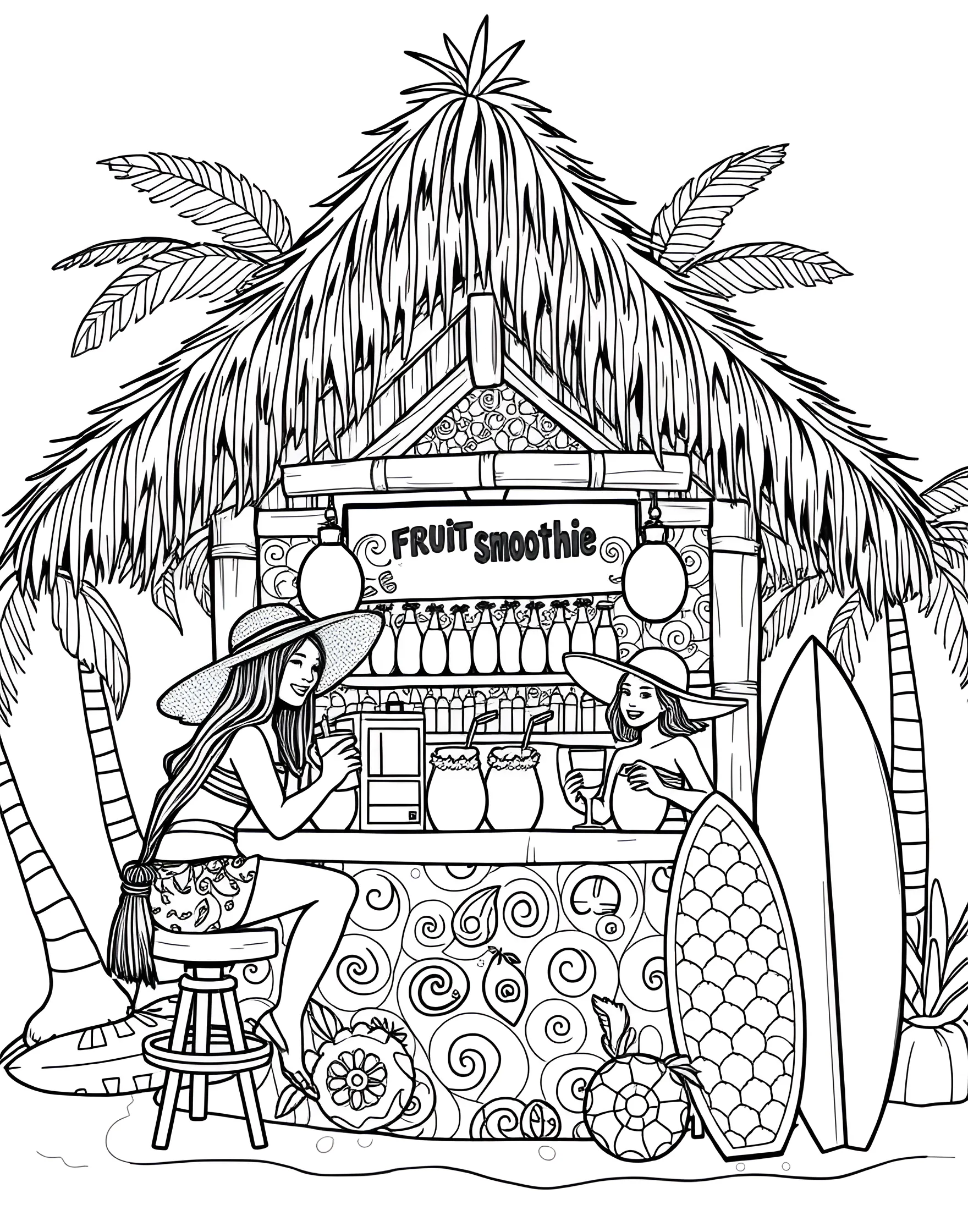 Tropical Fruit Smoothie Bar Coloring Page -- prompt: "A beachside tropical fruit smoothie bar with colorful fruits and happy customers." -- Cool off with a taste of the tropics in this vibrant smoothie bar scene. A colorful array of fruits and blenders fill a beachside smoothie stand, with customers enjoying refreshing drinks. This page celebrates summer's most delicious and healthy treats.