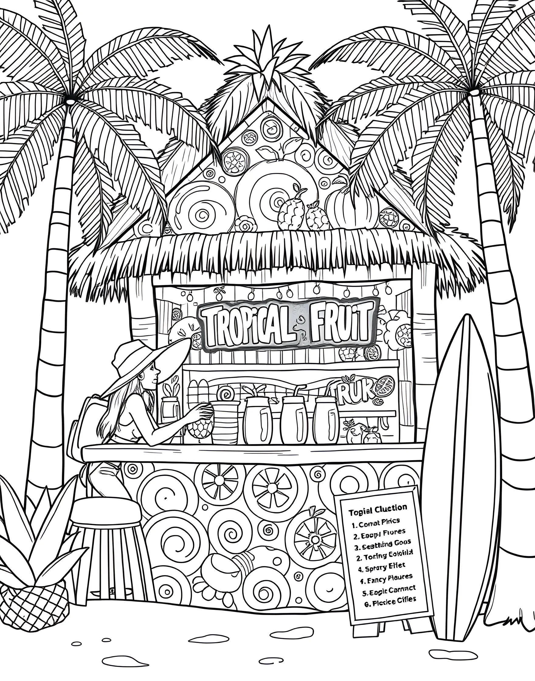 Tropical Fruit Smoothie Bar Coloring Page -- prompt: "A beachside tropical fruit smoothie bar with colorful fruits and happy customers." -- Cool off with a taste of the tropics in this vibrant smoothie bar scene. A colorful array of fruits and blenders fill a beachside smoothie stand, with customers enjoying refreshing drinks. This page celebrates summer's most delicious and healthy treats.