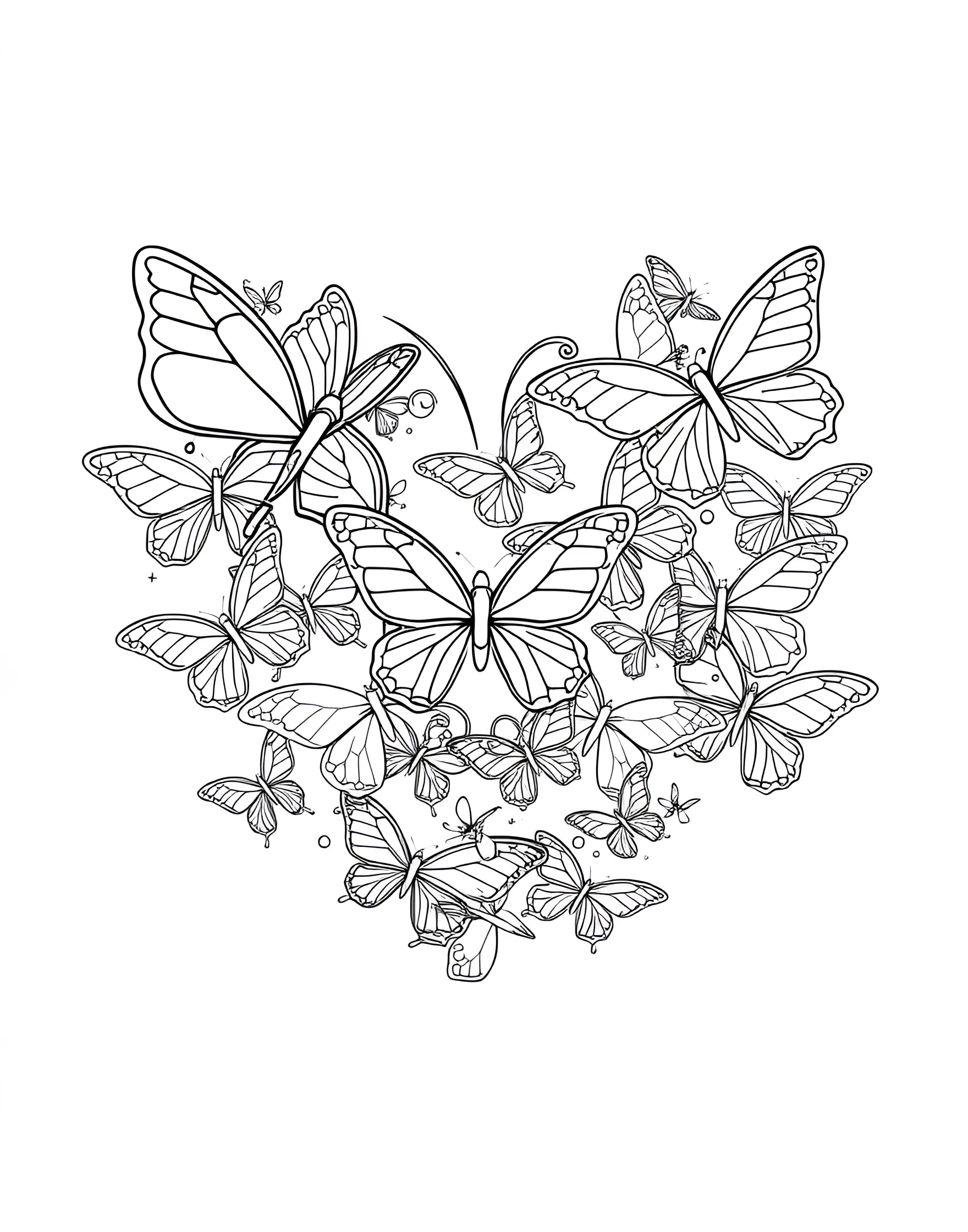 Butterfly Heart Coloring Page -- prompt: "A heart shape formed by a group of butterflies in flight, each with unique wing patterns." -- This enchanting coloring page showcases a heart formed by a swarm of delicate butterflies. The butterflies are arranged in flight, creating a dynamic and graceful heart shape. Each butterfly has its own unique wing pattern, offering a variety of intricate details to color. This page is perfect for nature lovers and those who appreciate the symbolism of transformation and beauty.