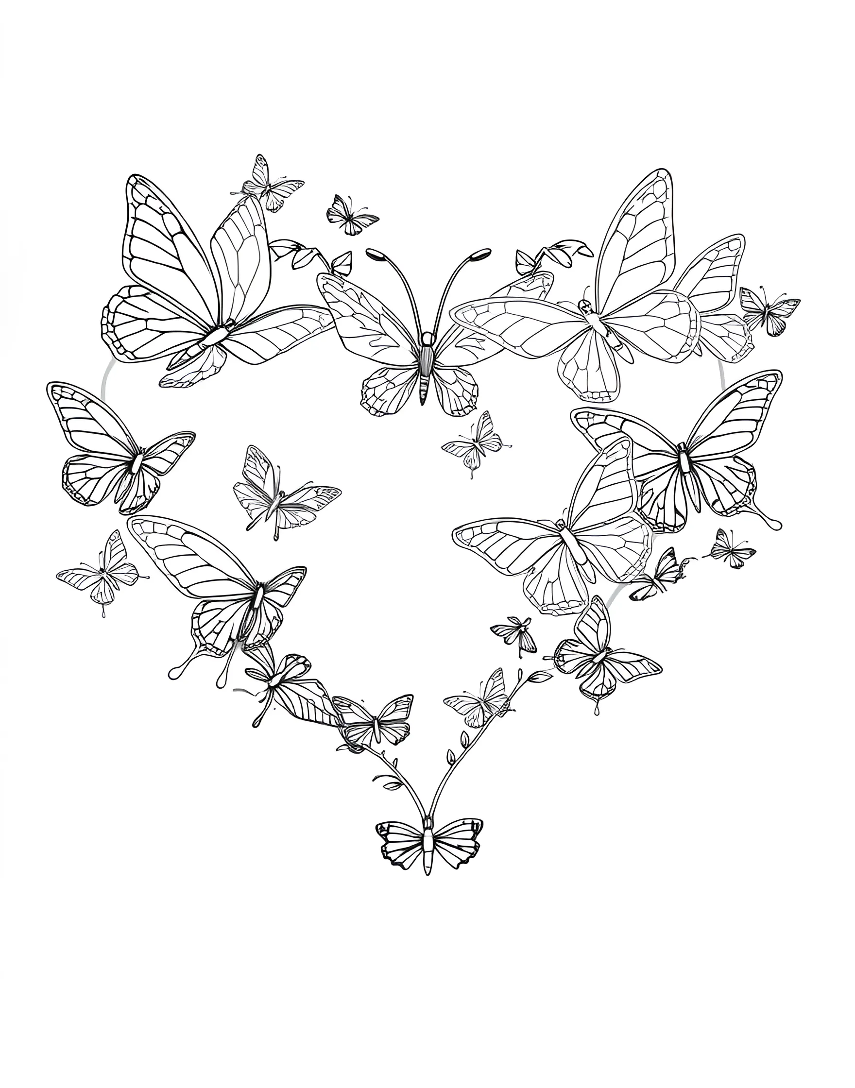 Butterfly Heart Coloring Page -- prompt: "A heart shape formed by a group of butterflies in flight, each with unique wing patterns." -- This enchanting coloring page showcases a heart formed by a swarm of delicate butterflies. The butterflies are arranged in flight, creating a dynamic and graceful heart shape. Each butterfly has its own unique wing pattern, offering a variety of intricate details to color. This page is perfect for nature lovers and those who appreciate the symbolism of transformation and beauty.