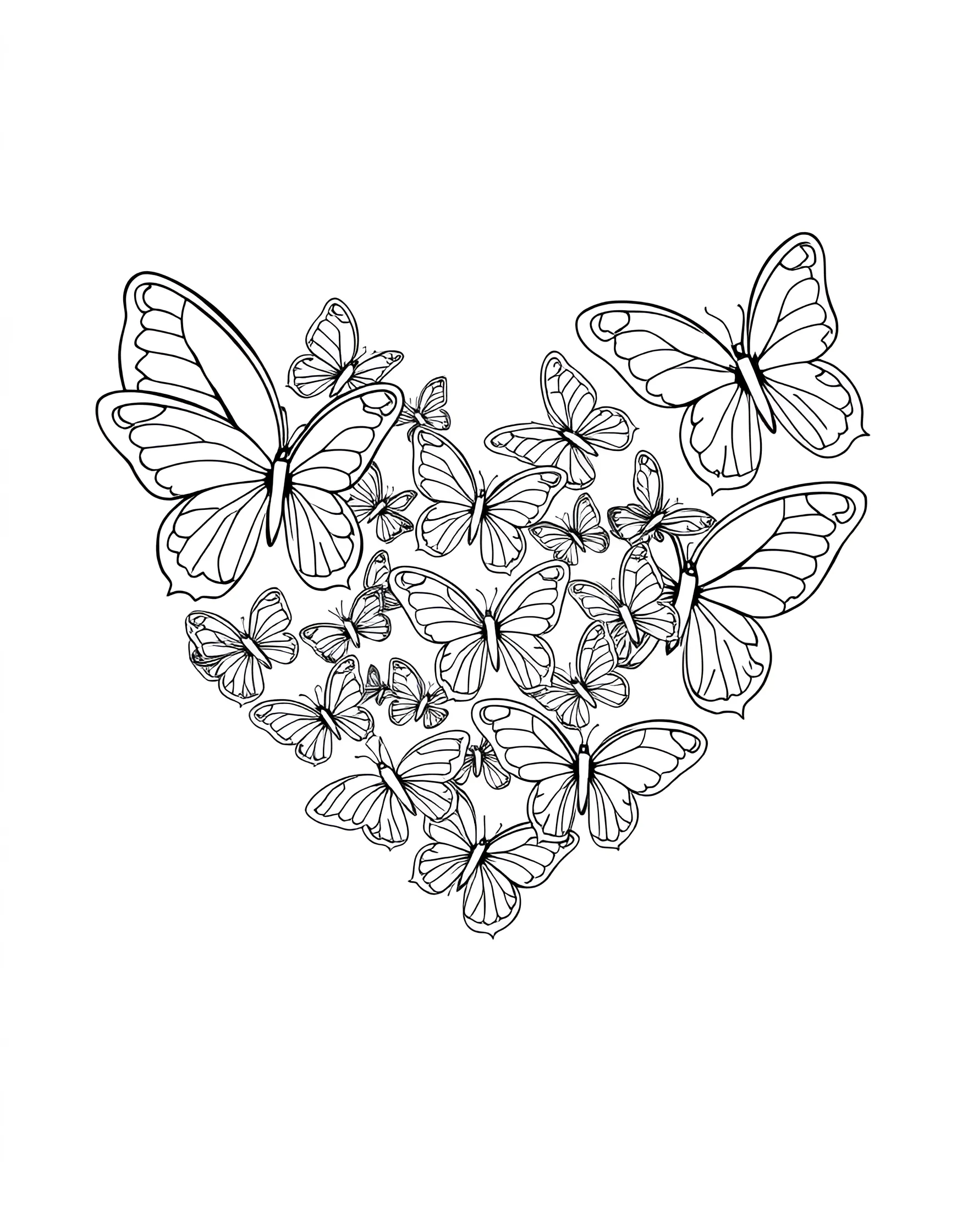 Butterfly Heart Coloring Page -- prompt: "A heart shape formed by a group of butterflies in flight, each with unique wing patterns." -- This enchanting coloring page showcases a heart formed by a swarm of delicate butterflies. The butterflies are arranged in flight, creating a dynamic and graceful heart shape. Each butterfly has its own unique wing pattern, offering a variety of intricate details to color. This page is perfect for nature lovers and those who appreciate the symbolism of transformation and beauty.