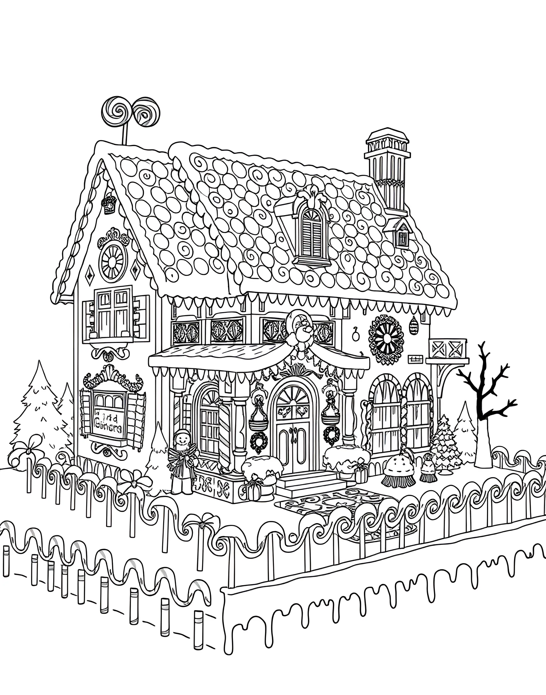 Gingerbread House Delight Coloring Page -- prompt: "A gingerbread house decorated with candy and surrounded by gingerbread people." -- Indulge your sweet tooth with this charming gingerbread house coloring page. The detailed cottage is adorned with candy canes, gumdrops, and swirls of frosting. Surrounding the house are jolly gingerbread people, ready to join in the festive fun.