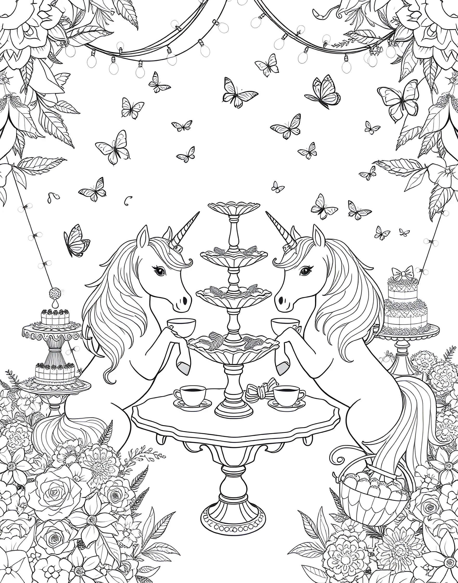 Unicorn Garden Party Coloring Page -- prompt: "Multiple unicorns having a garden party with tea and snacks, surrounded by flowers and topiaries." -- Join the most magical garden party ever with this delightful coloring page. A group of unicorns gathers in a lush garden, enjoying tea and treats among blooming flowers and topiaries. This page is ideal for those who love social scenes and detailed garden settings.