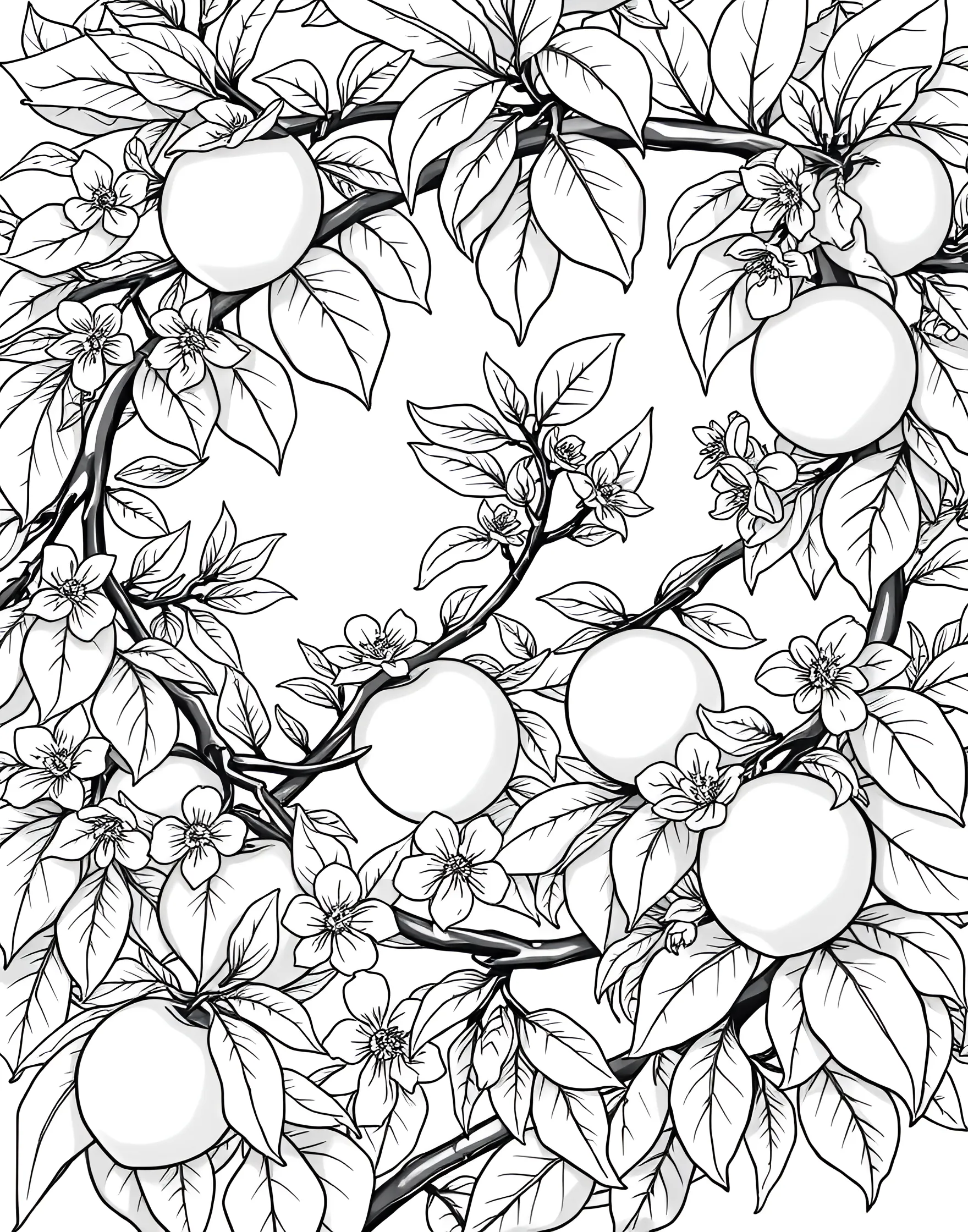 Apricot Allure Coloring Page -- prompt: "Ripe apricots with apricot blossoms and leaves in an orchard setting." -- Celebrate the sweet charm of apricots with this delightful coloring page. Ripe, velvety apricots nestle among delicate apricot blossoms and leaves. The scene captures the essence of a sun-drenched orchard, inviting colorists to bring the fruits to life with warm, golden hues.