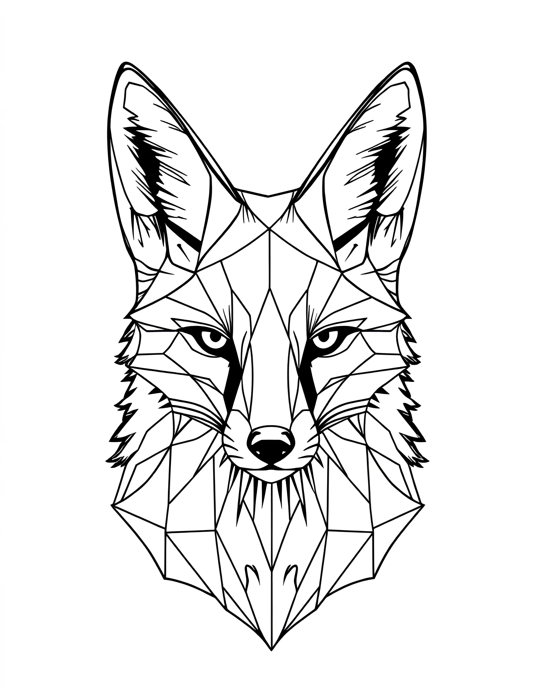 Geometric Fox Portrait Coloring Page -- prompt: "A geometric portrait of a fox composed of angular shapes and lines, suitable for adult coloring." -- Discover the beauty of nature through geometry with this fox portrait coloring page. Angular lines and shapes come together to form the striking face of a fox, creating a unique blend of realism and abstraction. This page offers an exciting opportunity to explore color and form in animal art.